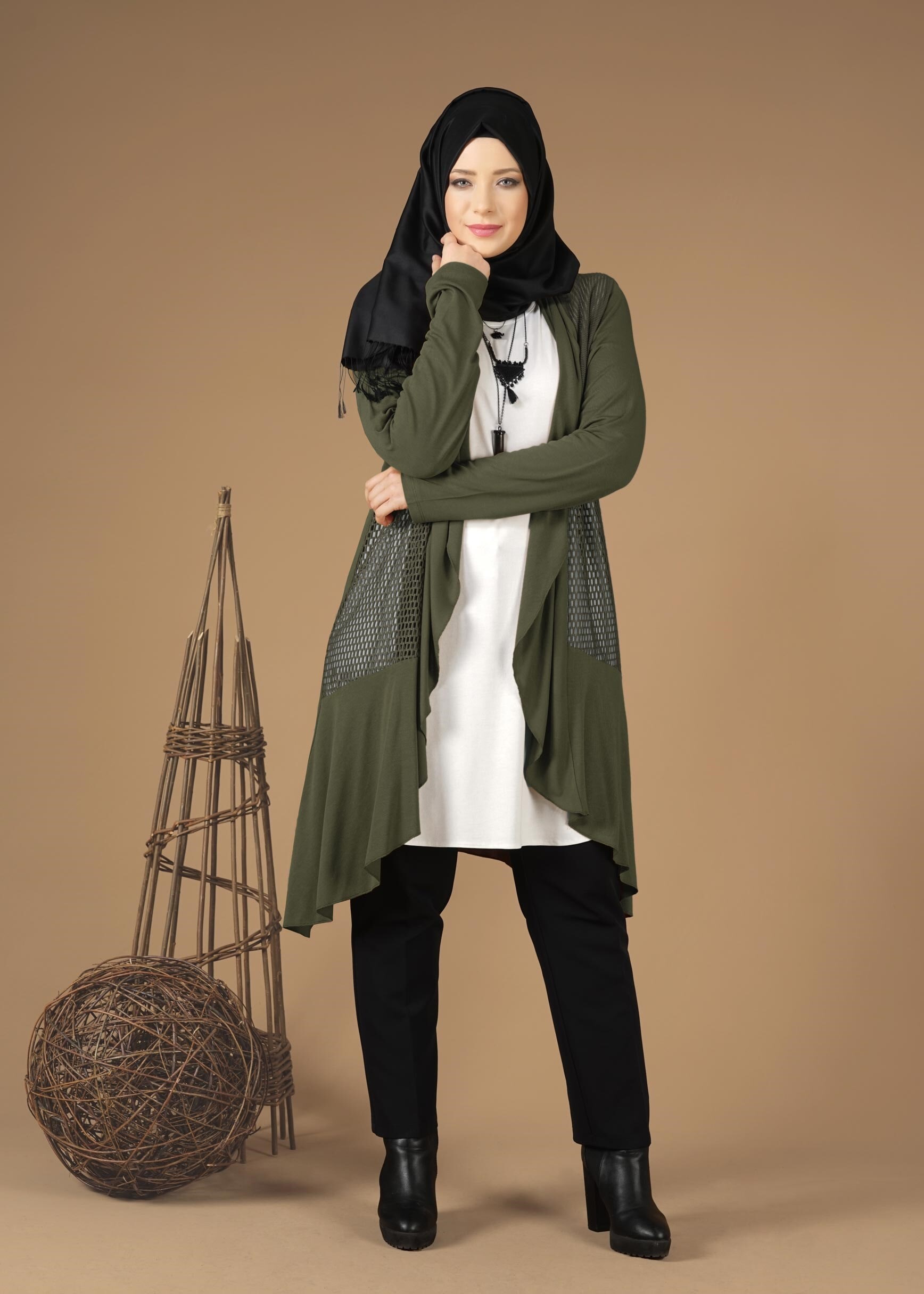 Tesettür giyim HAKİ FİLE DETAYLI ŞAL YAKA TUNİK 2629 