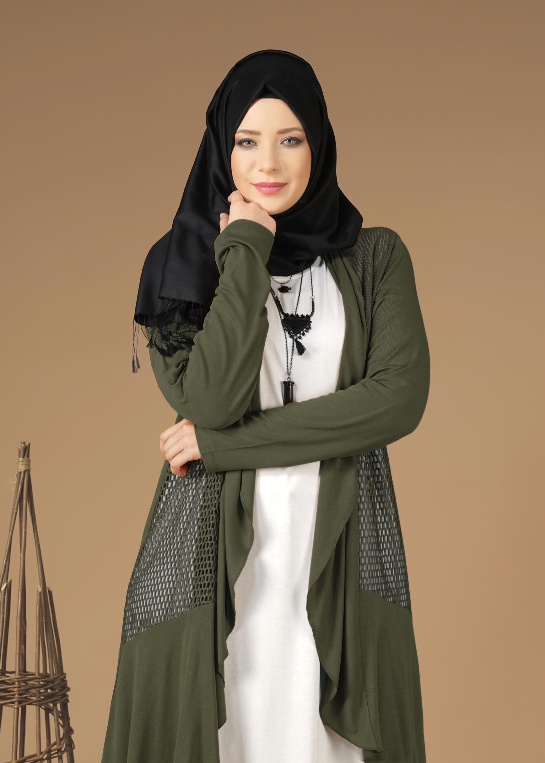 Tesettür giyim HAKİ FİLE DETAYLI ŞAL YAKA TUNİK 2629 