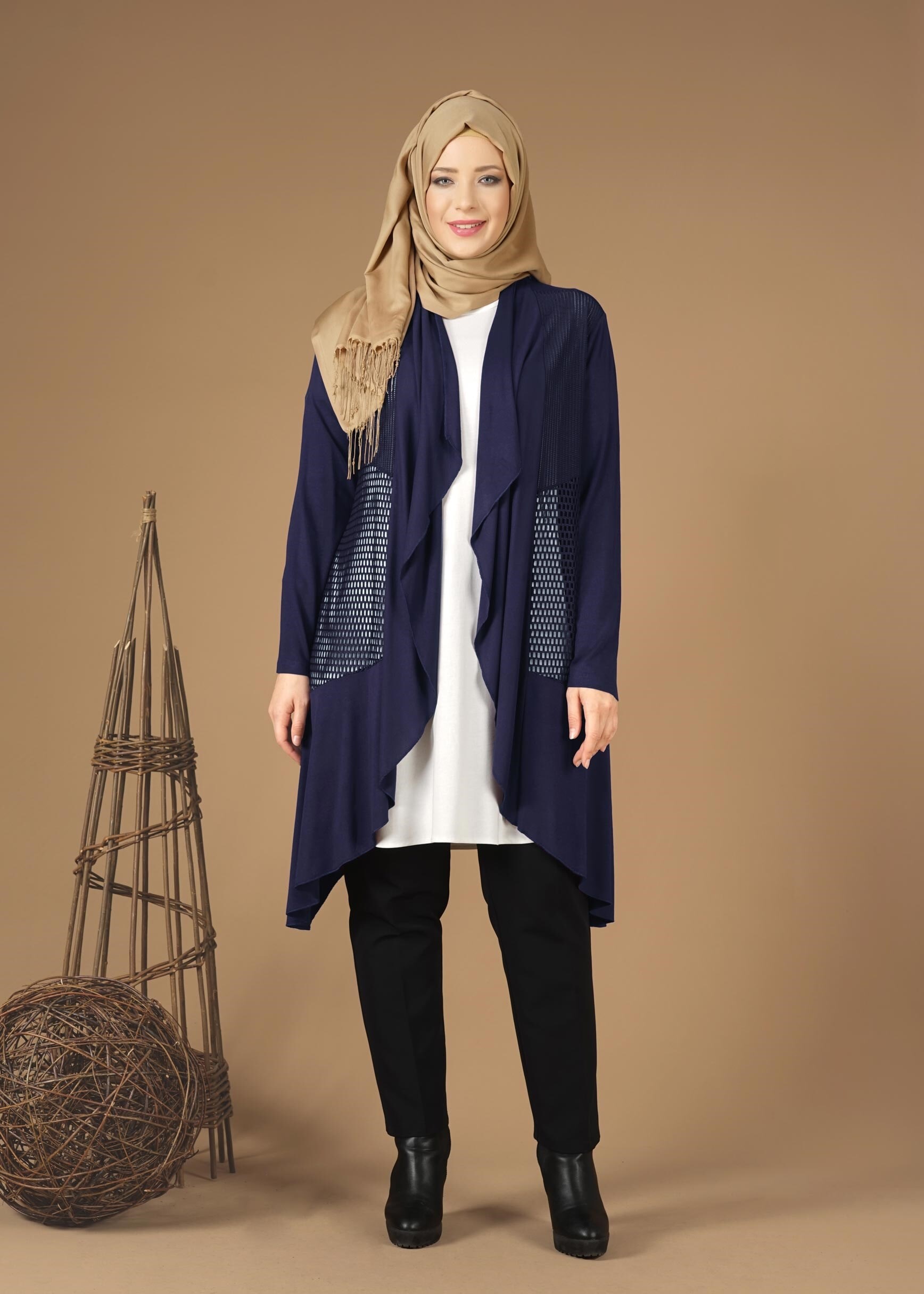 Tesettür giyim LACİVERT FİLE DETAYLI ŞAL YAKA TUNİK 2629 