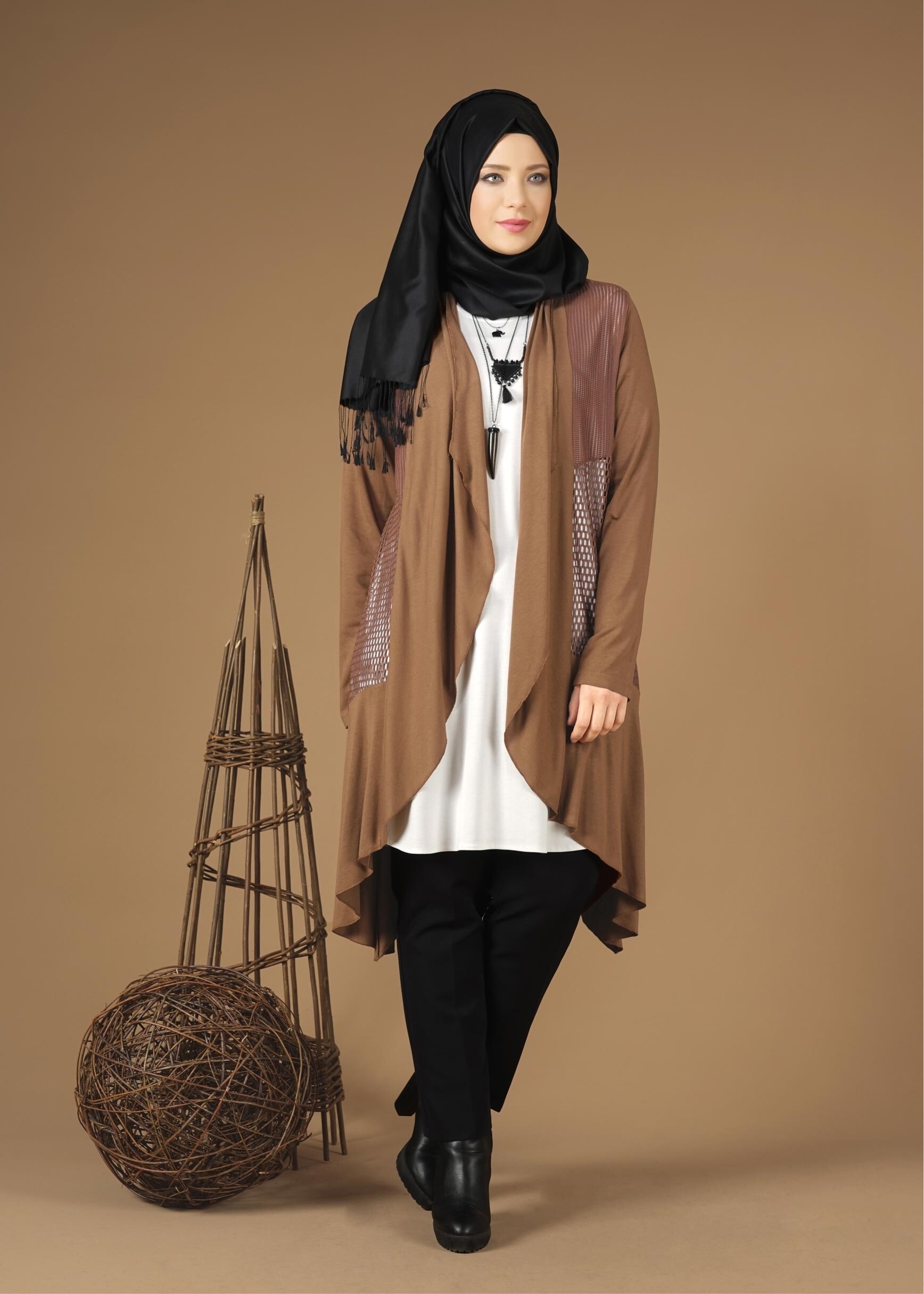 Tesettür giyim TABA FİLE DETAYLI ŞAL YAKA TUNİK 2629 