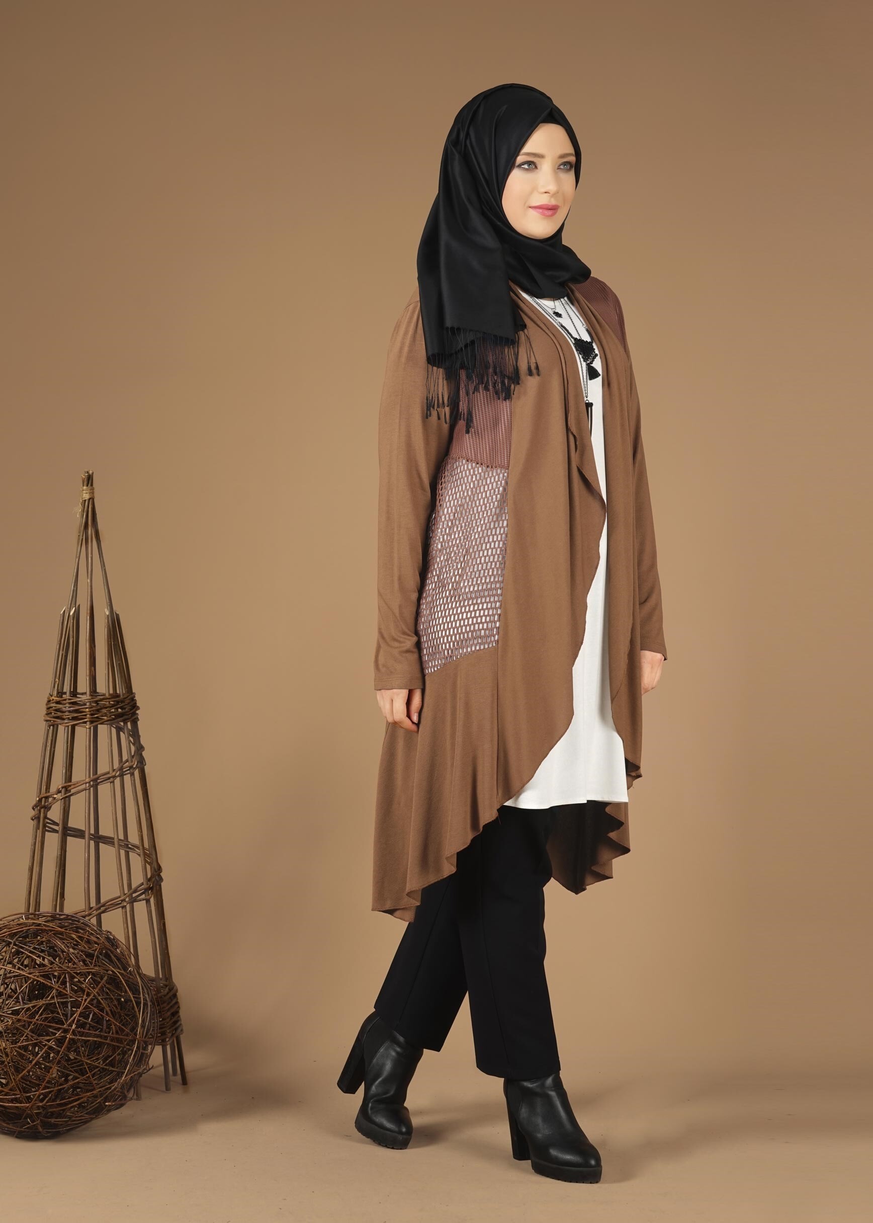 Tesettür giyim TABA FİLE DETAYLI ŞAL YAKA TUNİK 2629 