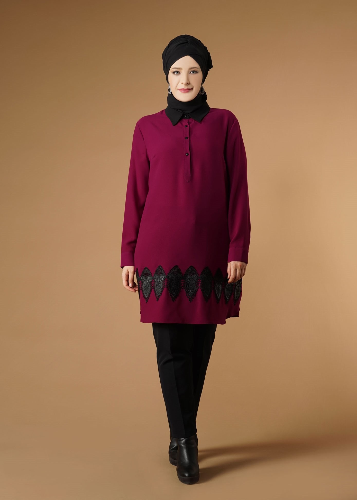Tesettür giyim FUŞYA ETEK UCU GÜPÜRLÜ TUNİK 2633 
