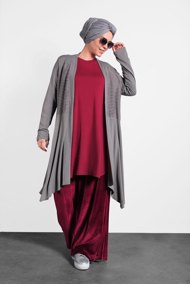 Vêtements hijab GRIS TUNIQUE À FLUIDE À COUPE ASYMMÉTRIQUE 2636  - ALVİNA