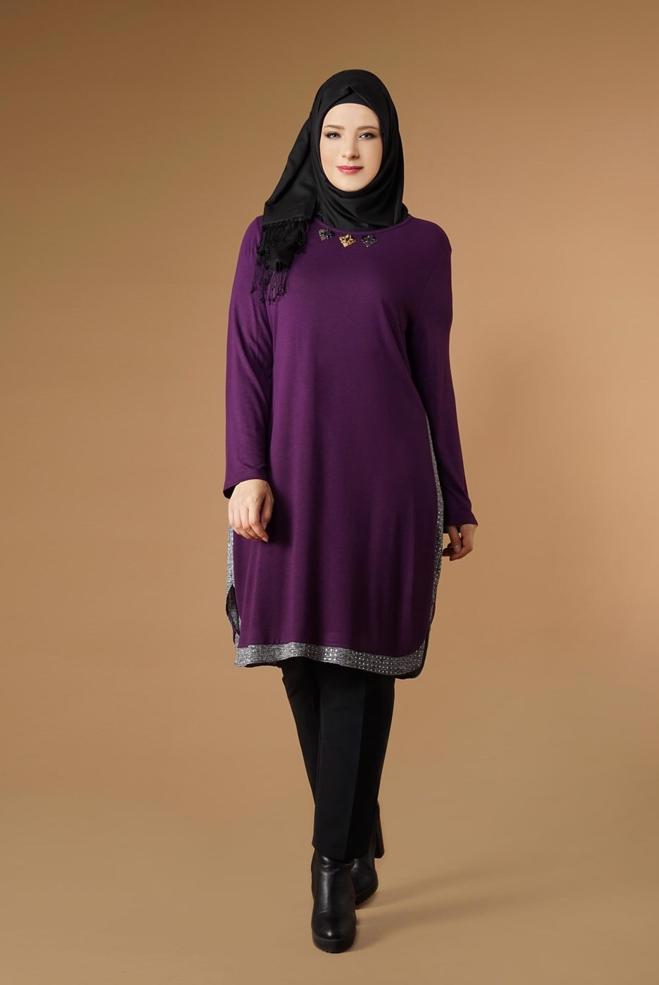 Tesettür giyim MOR DESENLİ ŞERİT DETAYLI TUNİK 2638  - ALVİNA