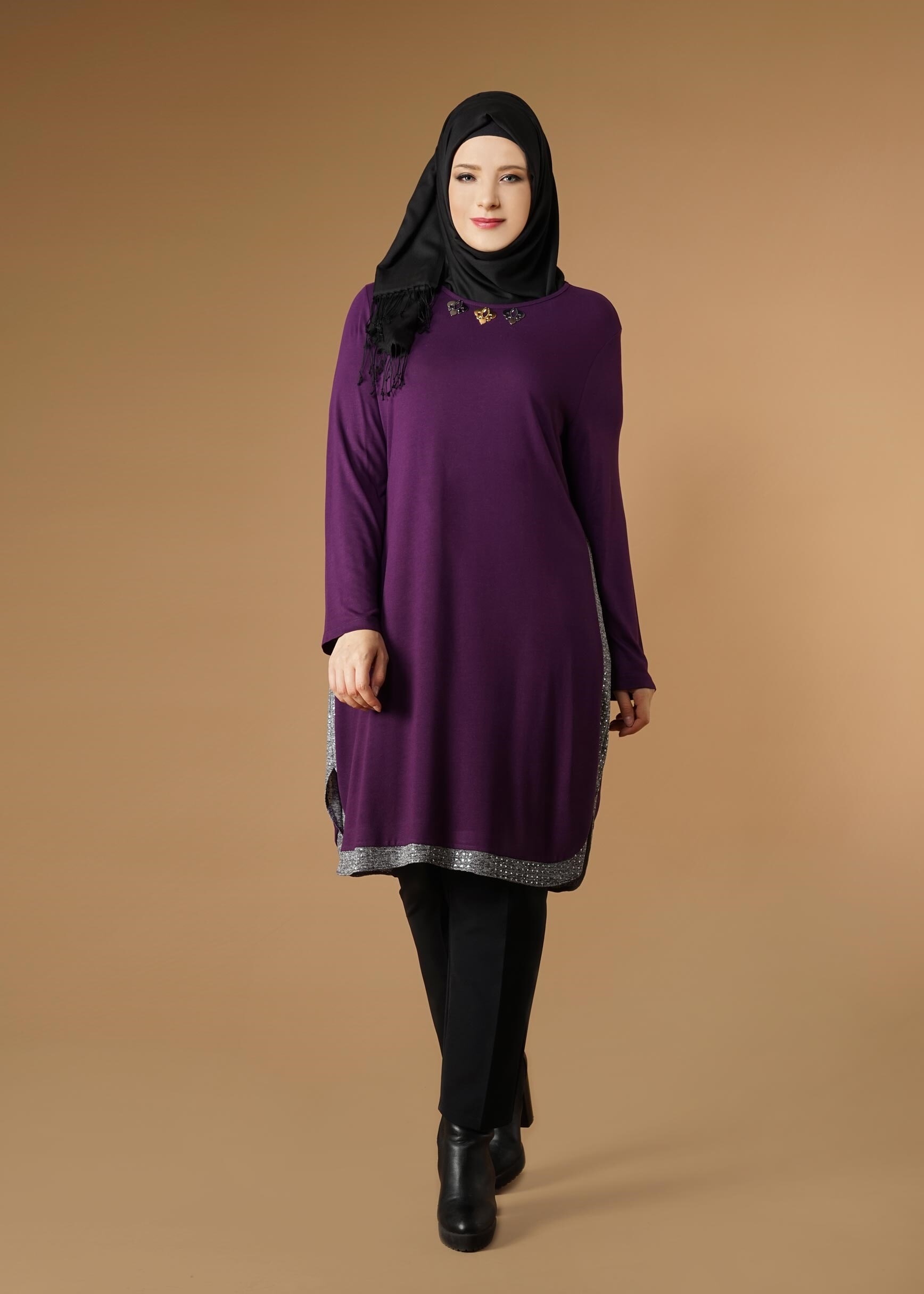 Hijab clothing PURPLE PATTERNED STRIPED TUNIC 2638