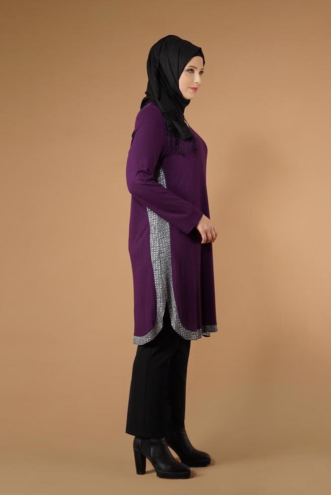 Tesettür giyim MOR DESENLİ ŞERİT DETAYLI TUNİK 2638  - ALVİNA