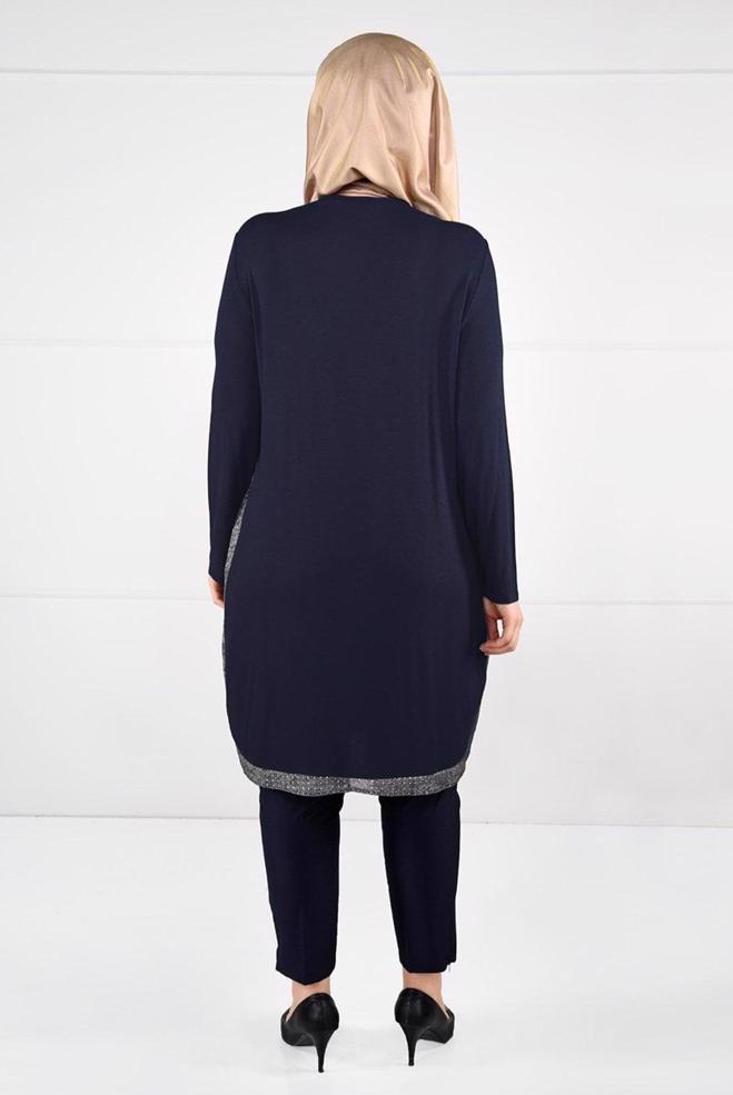 Tesettür giyim LACİVERT DESENLİ ŞERİT DETAYLI TUNİK 2638  - ALVİNA