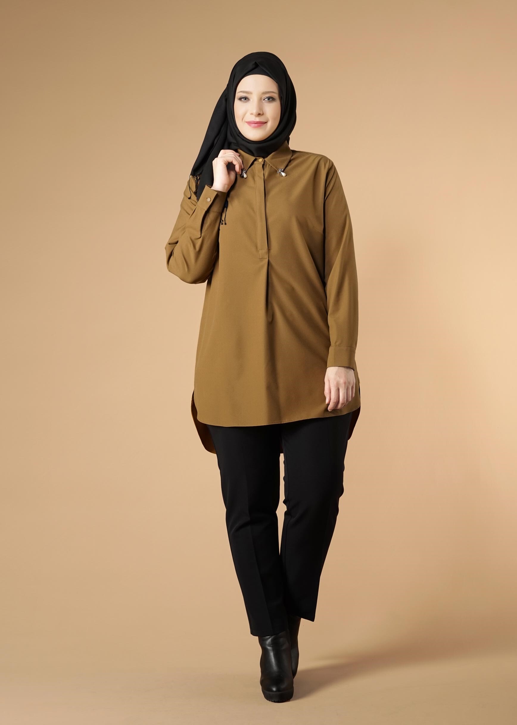 Tesettür giyim SARI ERKEK YAKA TUNİK 2656