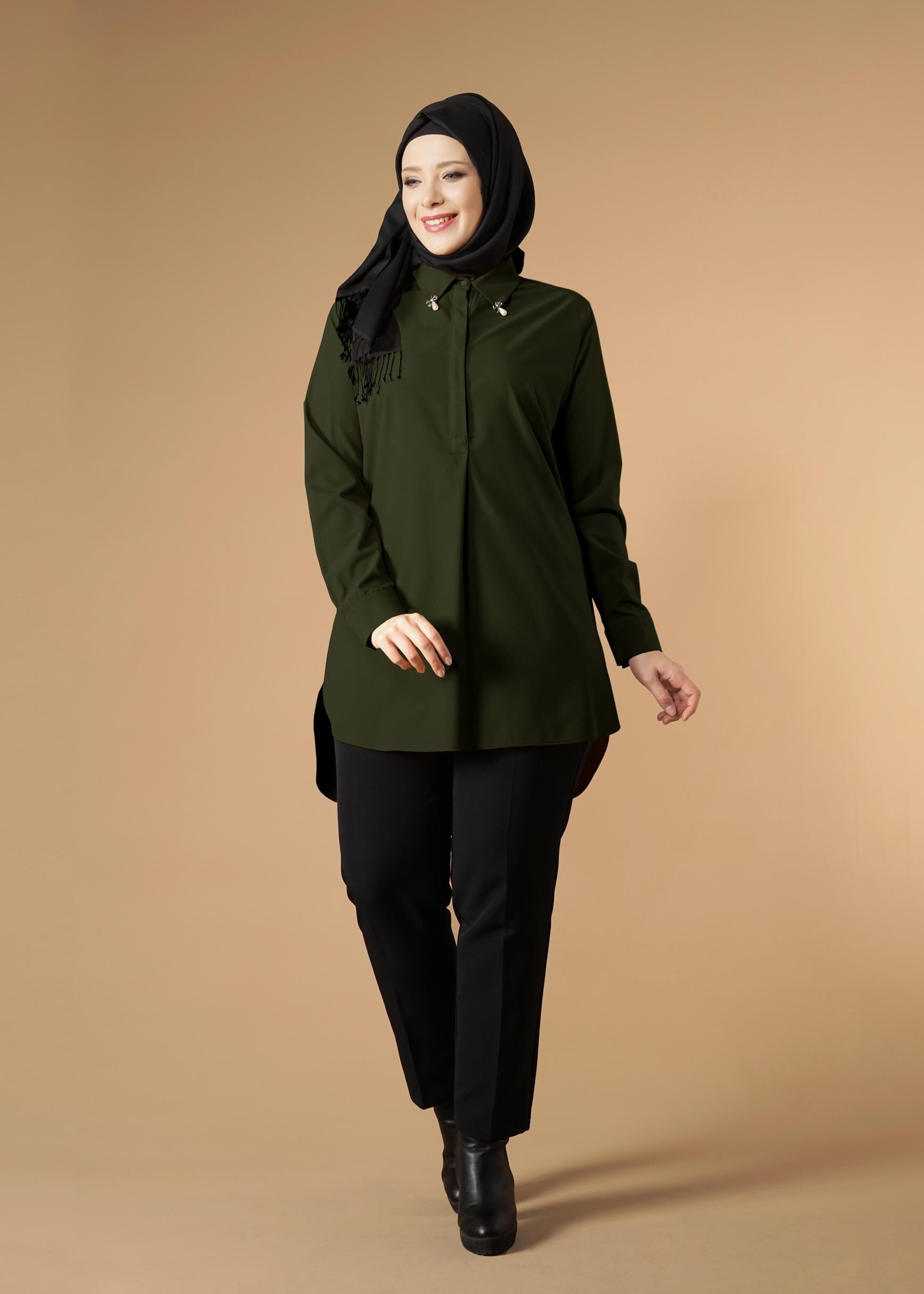 Tesettür giyim HAKİ ERKEK YAKA TUNİK 2656