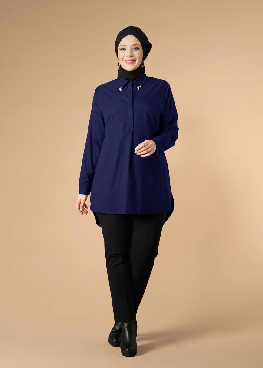 Tesettür giyim LACİVERT ERKEK YAKA TUNİK 2656