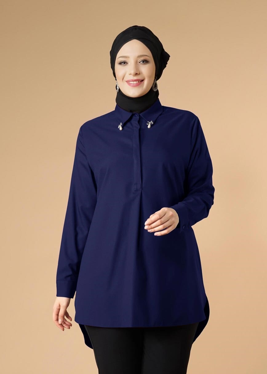 Tesettür giyim LACİVERT ERKEK YAKA TUNİK 2656