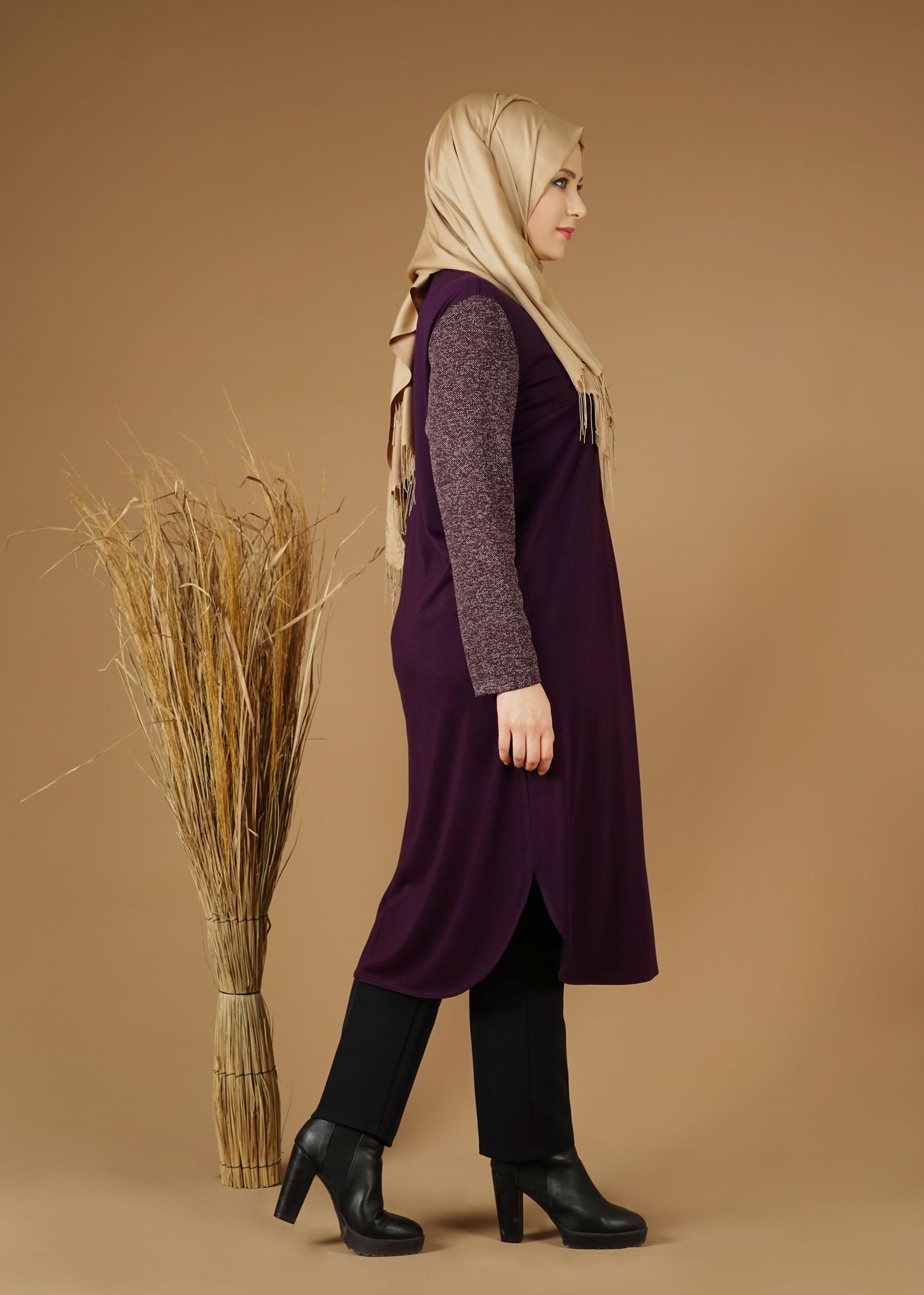 Tesettür giyim MOR YAKASI FERMUAR DETAYLI TUNİK 2659