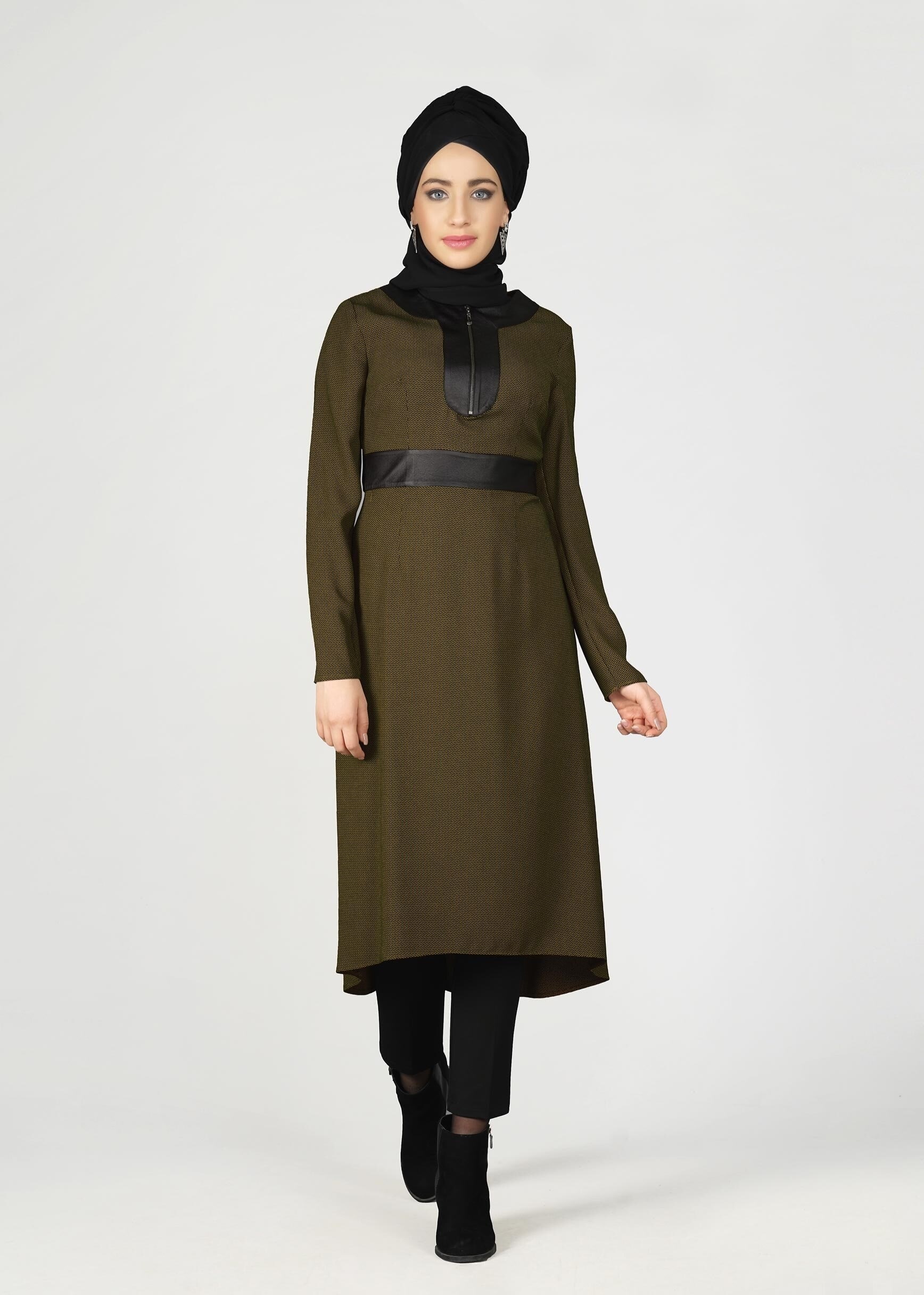 Tesettür giyim SARI YAKASI FERMUAR DETAYLI TUNİK 4010