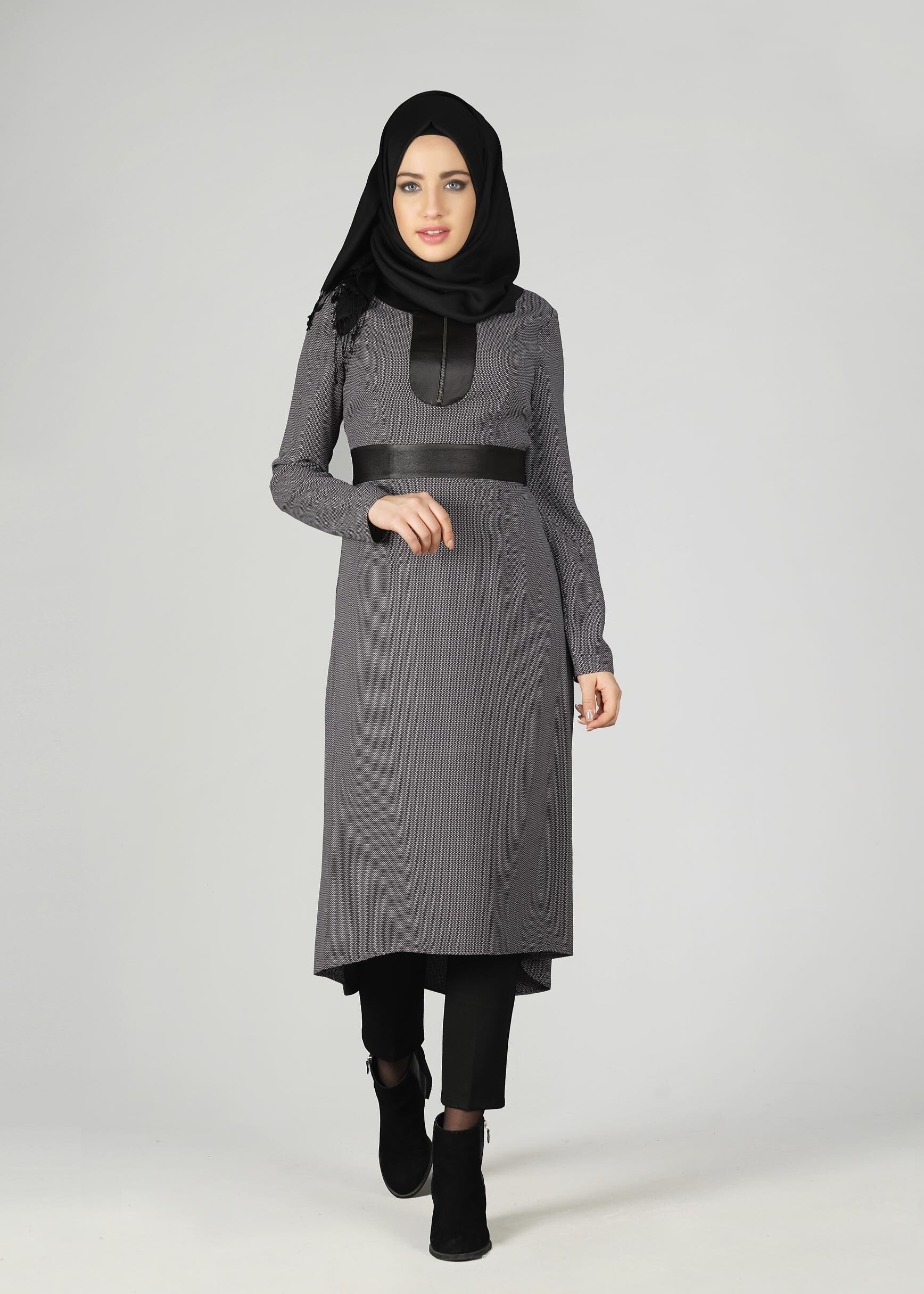 Tesettür giyim GRİ YAKASI FERMUAR DETAYLI TUNİK 4010