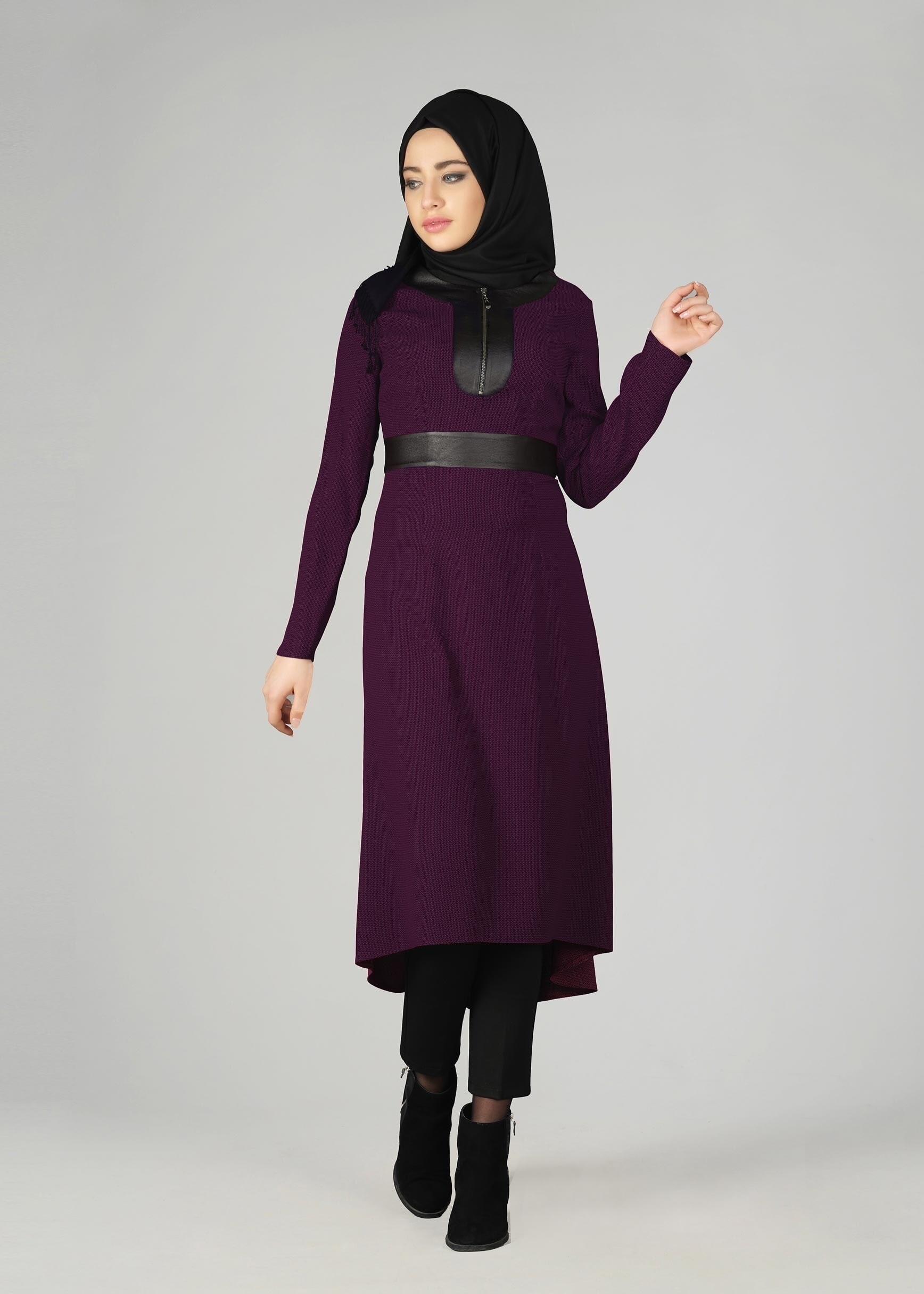 Tesettür giyim FUŞYA YAKASI FERMUAR DETAYLI TUNİK 4010