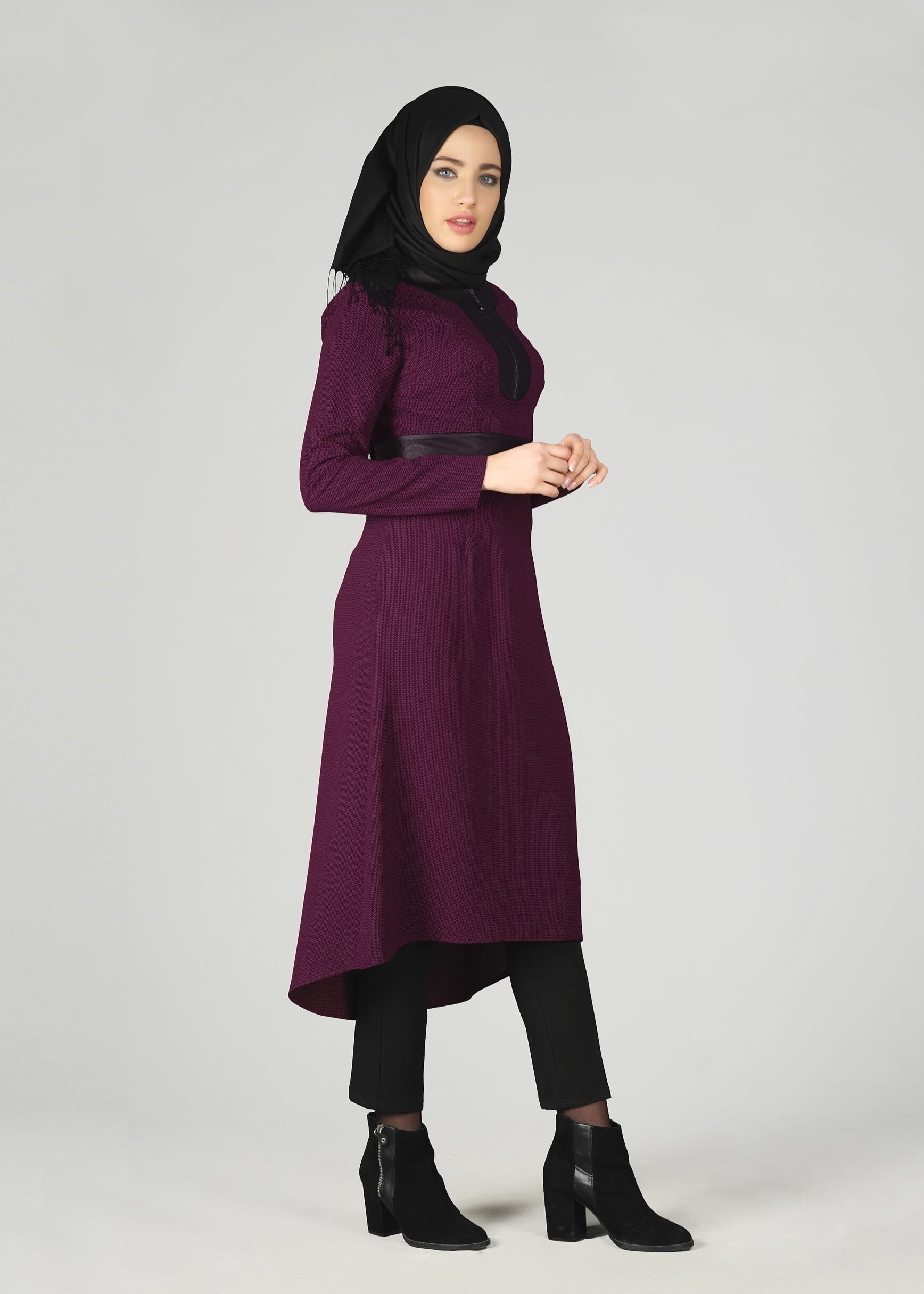 Tesettür giyim FUŞYA YAKASI FERMUAR DETAYLI TUNİK 4010