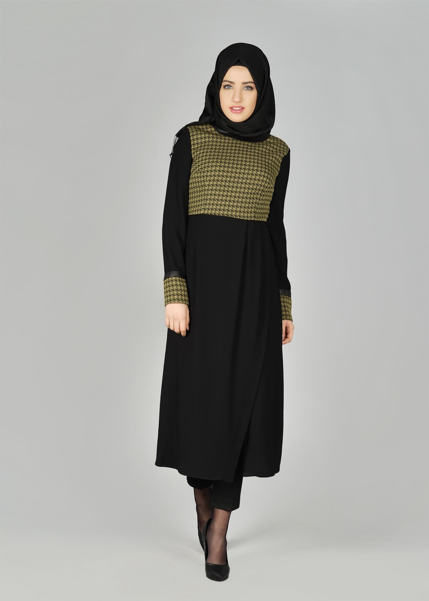 Tesettür giyim YEŞİL KAZAYAĞI DESENLİ PİLELİ TUNİK 4021