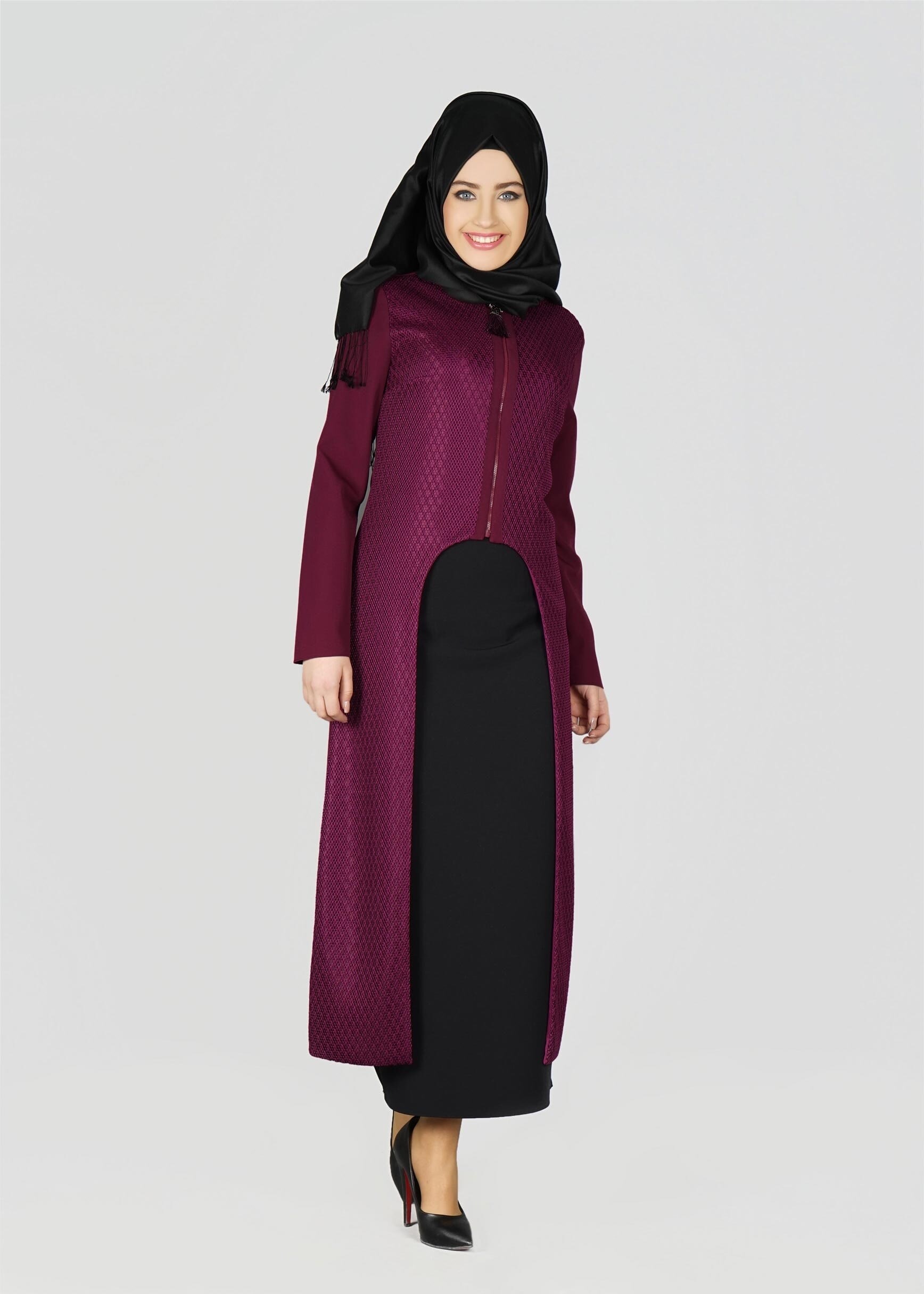 Tesettür giyim MOR DOKULU FERMUARLI TUNİK 4032
