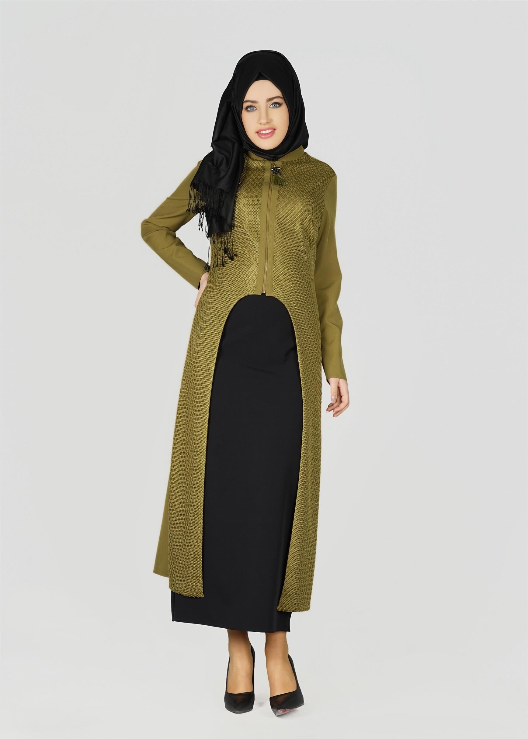 Tesettür giyim YEŞİL DOKULU FERMUARLI TUNİK 4032