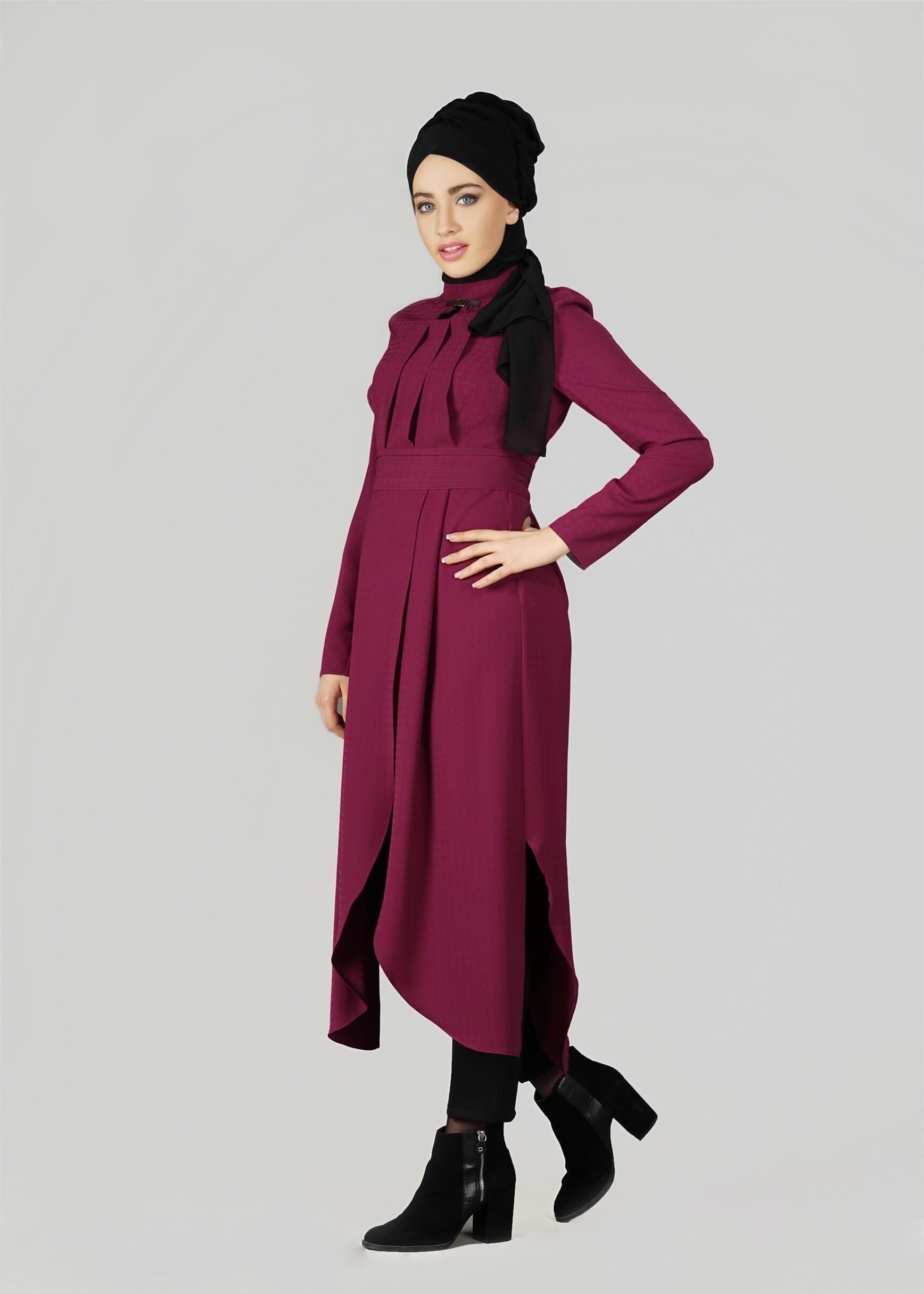 Tesettür giyim FUŞYA PİLİSE DETAYLI TUNİK 4042