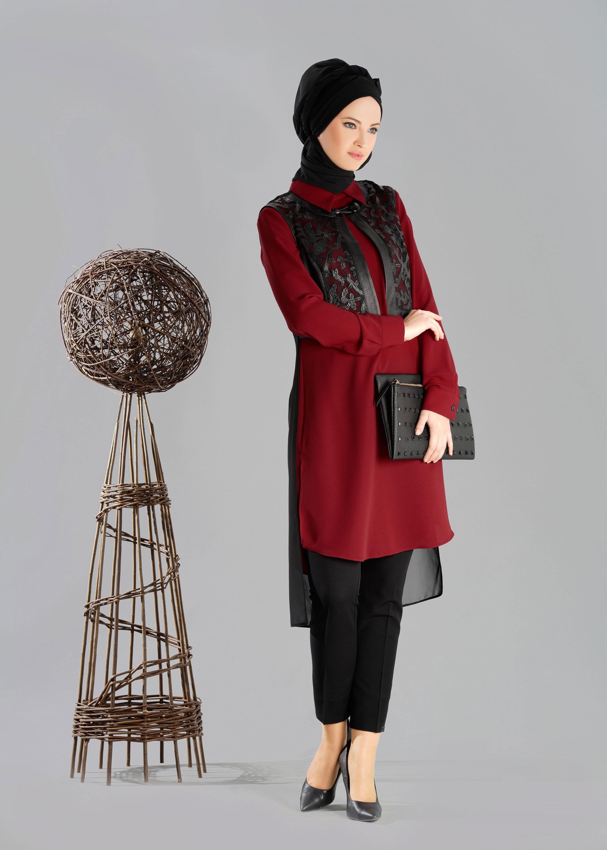 Tesettür giyim BORDO SİVRİ YAKA PARÇALI 2&prime;li TUNİK 4723