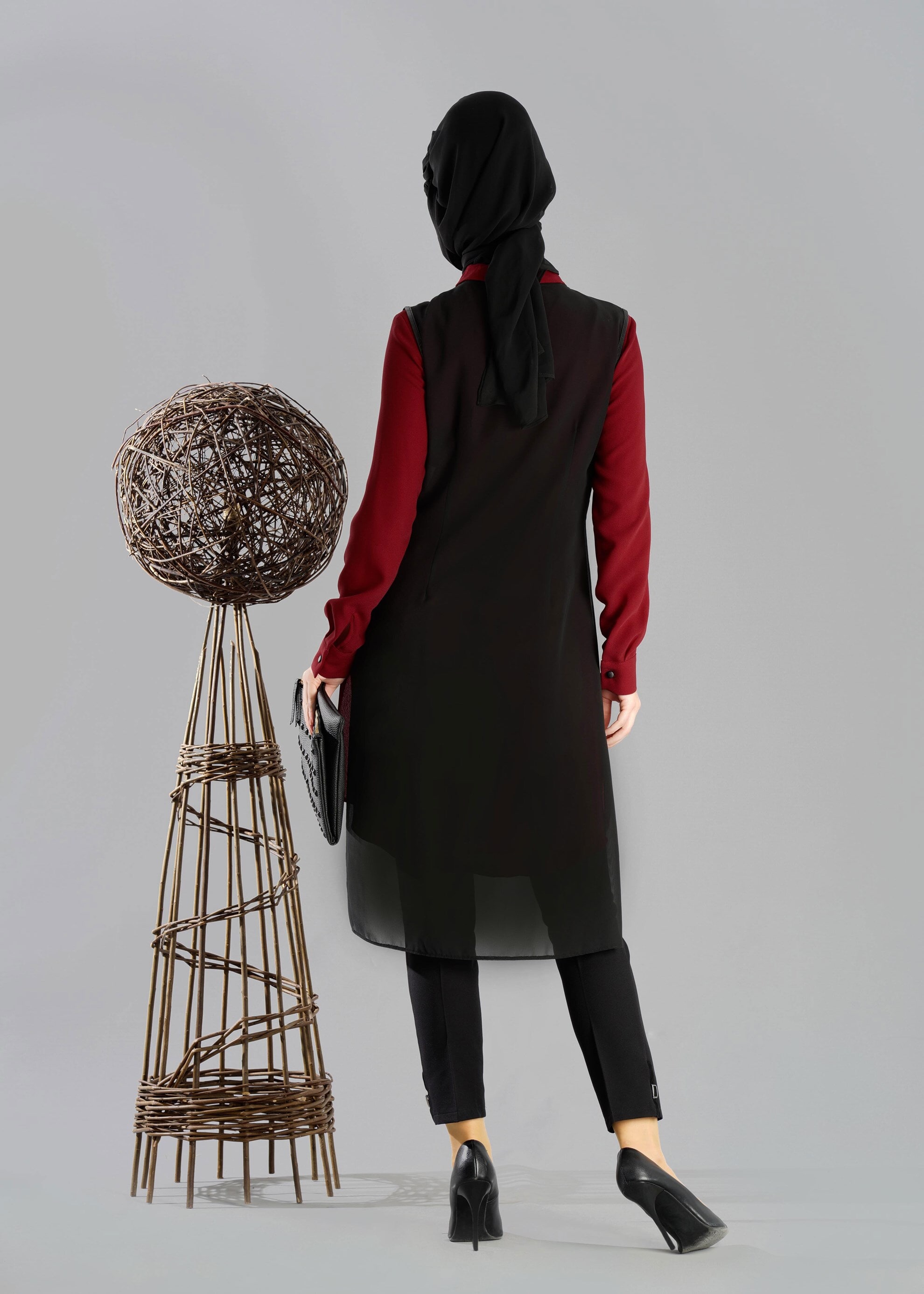 Tesettür giyim BORDO SİVRİ YAKA PARÇALI 2&prime;li TUNİK 4723