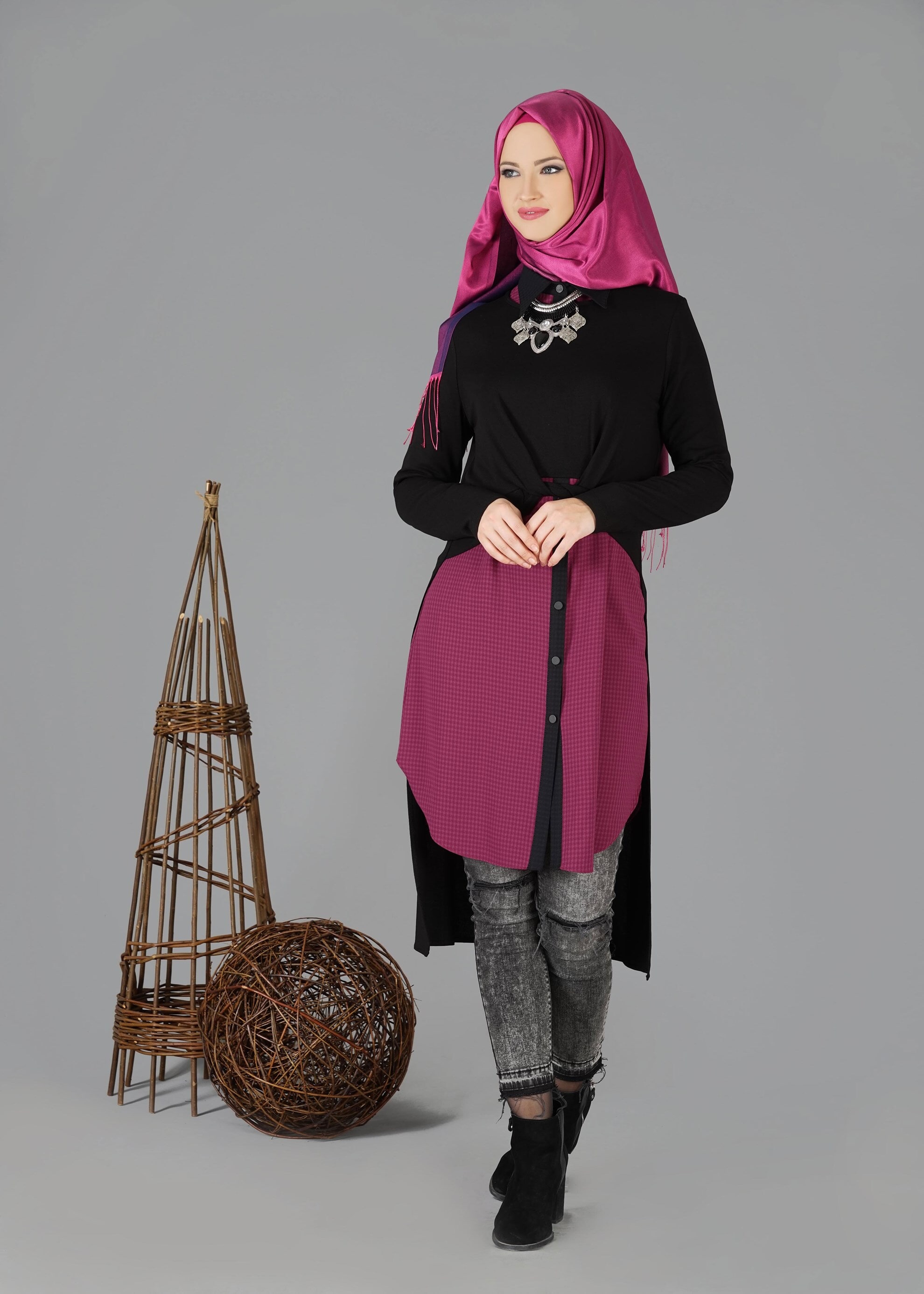 Tesettür giyim MOR PARÇA DETAYLI 2&prime;li TUNİK 4730