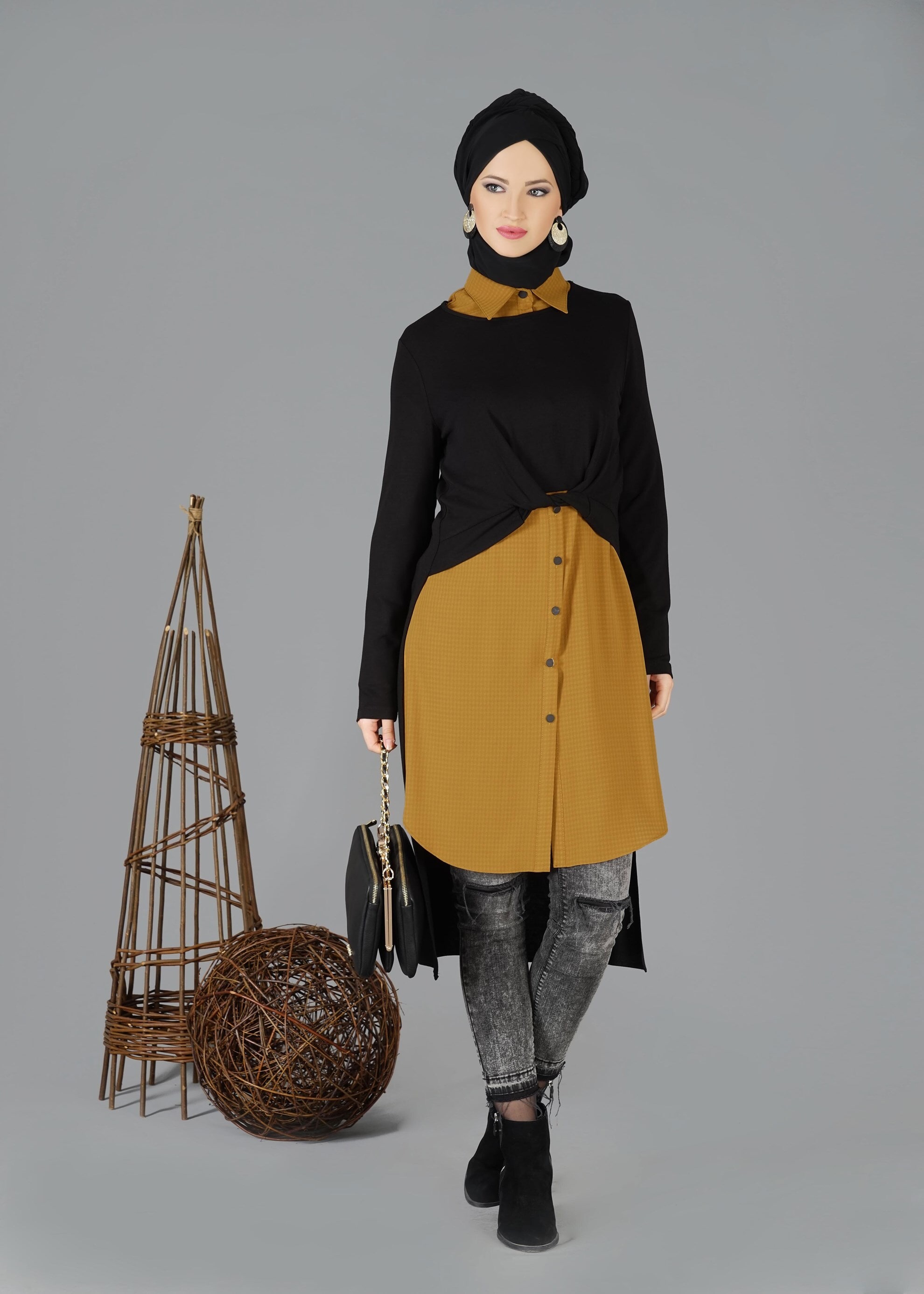Tesettür giyim SARI PARÇA DETAYLI 2&prime;li TUNİK 4730
