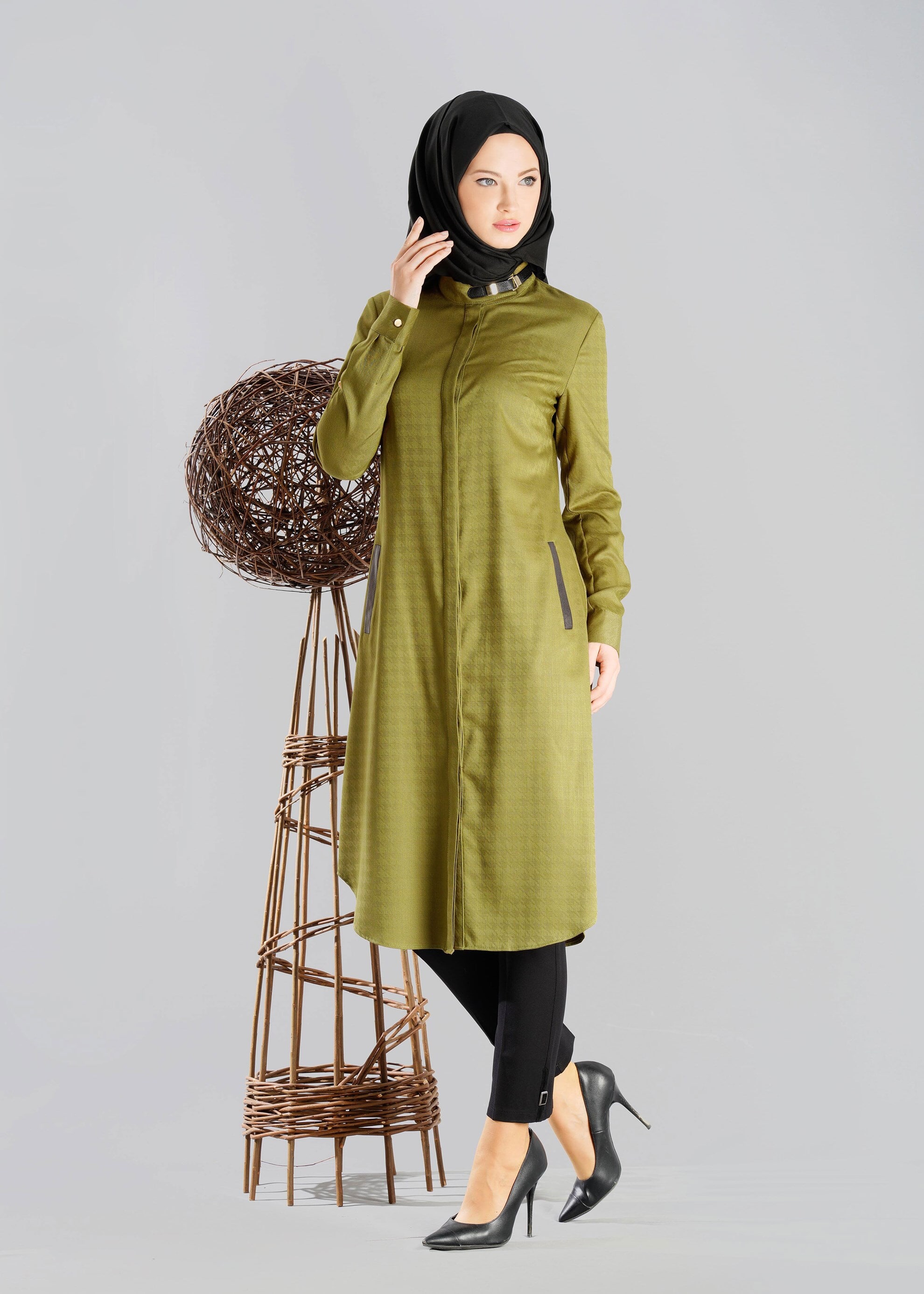 Tesettür giyim HAKİ DOKULU CEPLİ TUNİK 4732