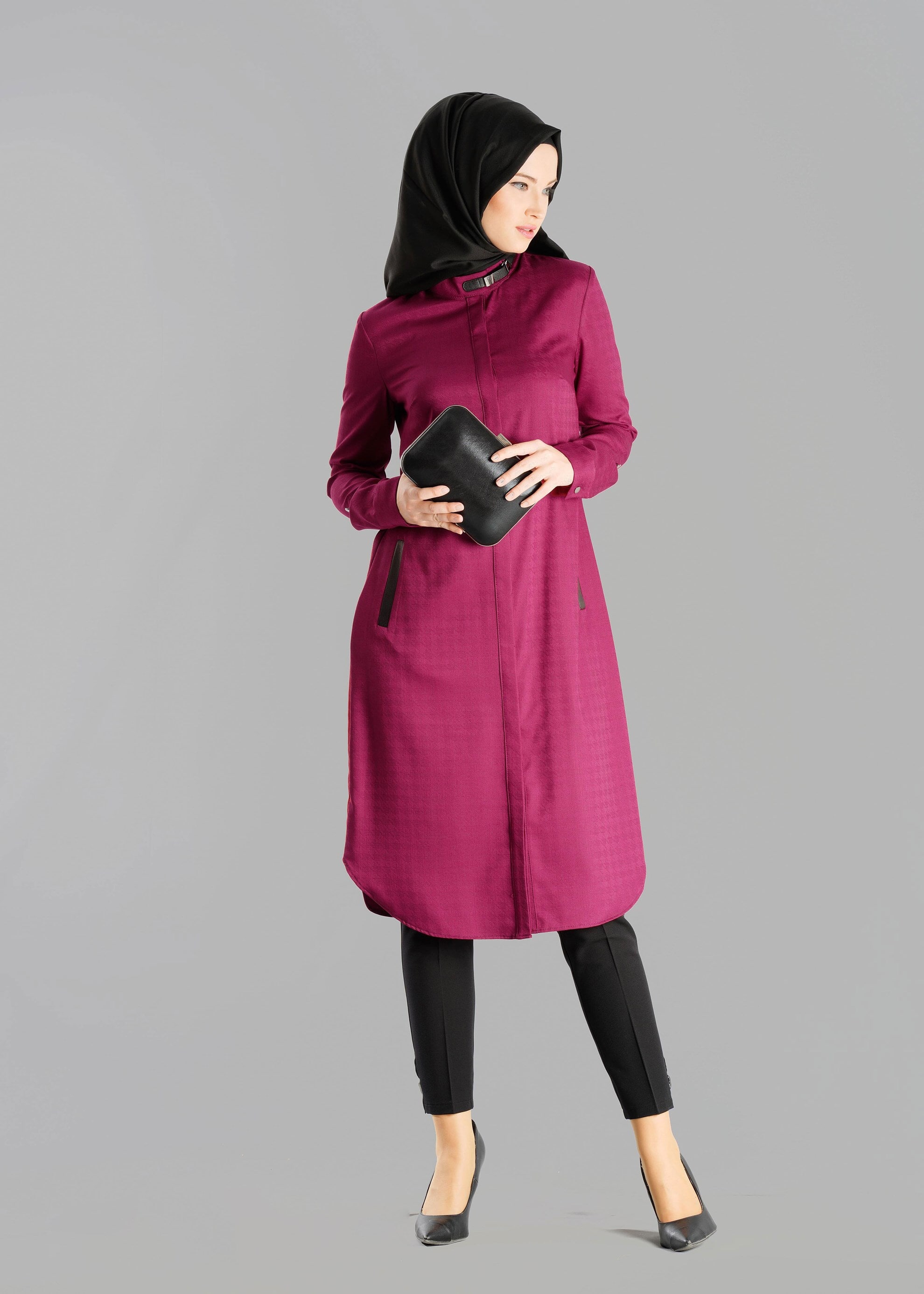 Tesettür giyim FUŞYA DOKULU CEPLİ TUNİK 4732