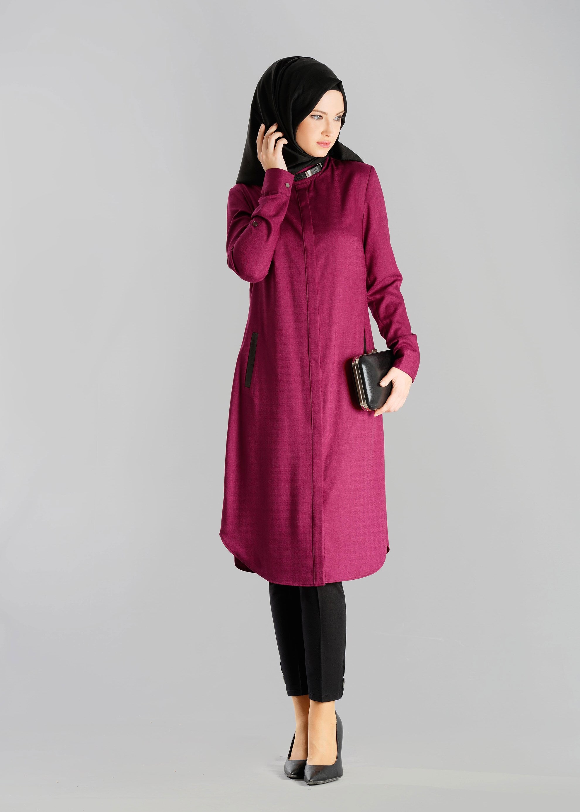 Tesettür giyim FUŞYA DOKULU CEPLİ TUNİK 4732