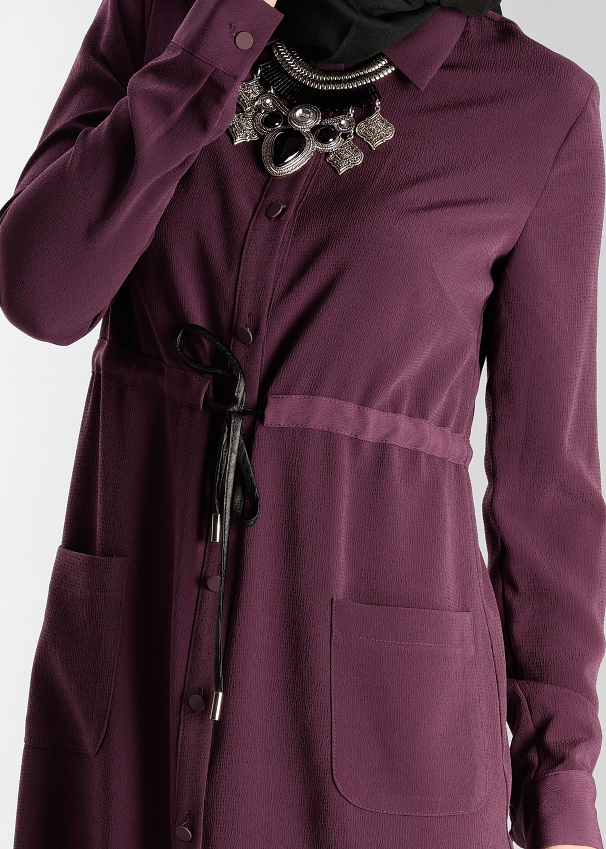 Tesettür giyim MOR BELİ BÜZGÜLÜ BAĞCIKLI TUNİK 4736