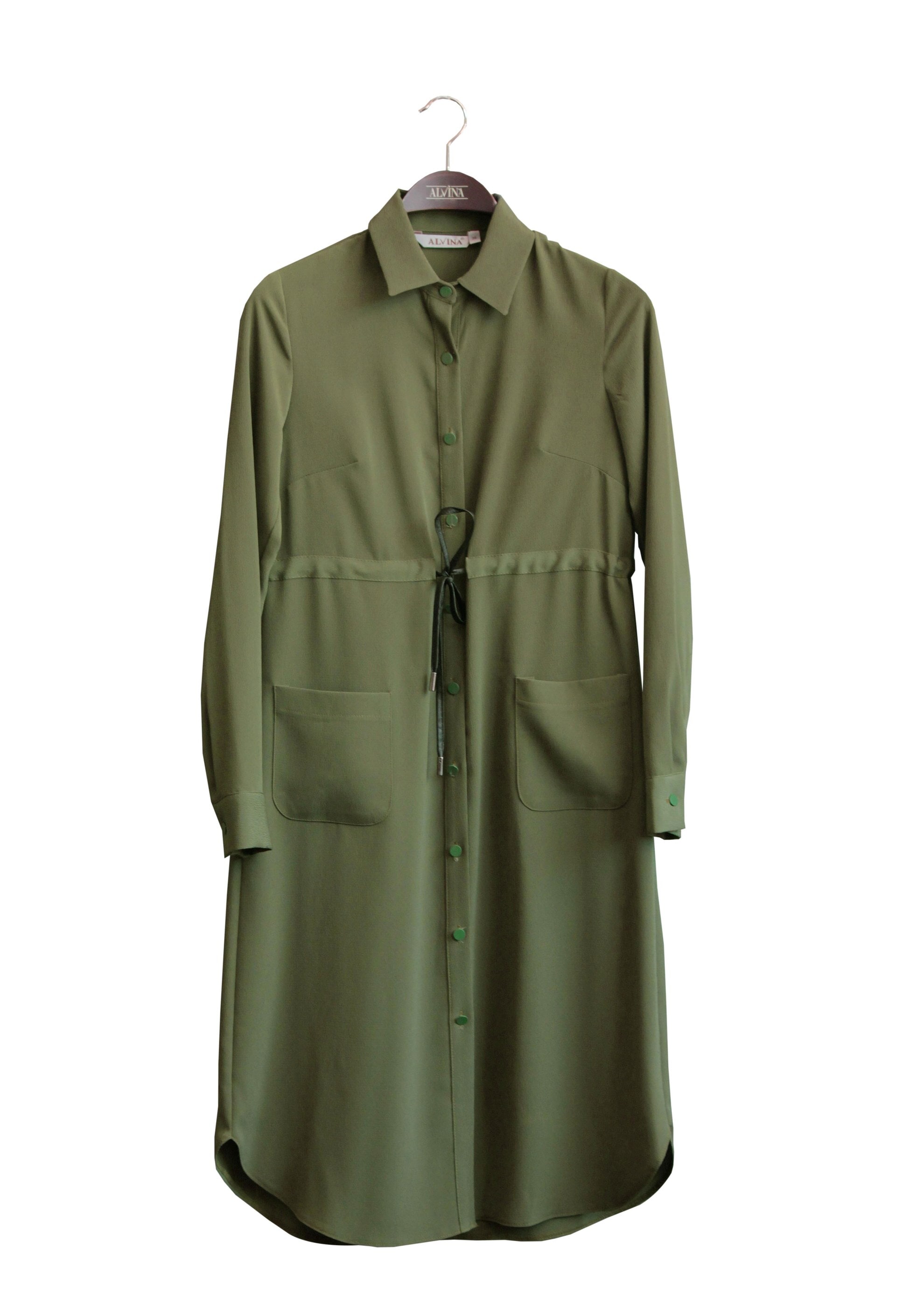 Tesettür giyim HAKİ BELİ BÜZGÜLÜ BAĞCIKLI TUNİK 4736