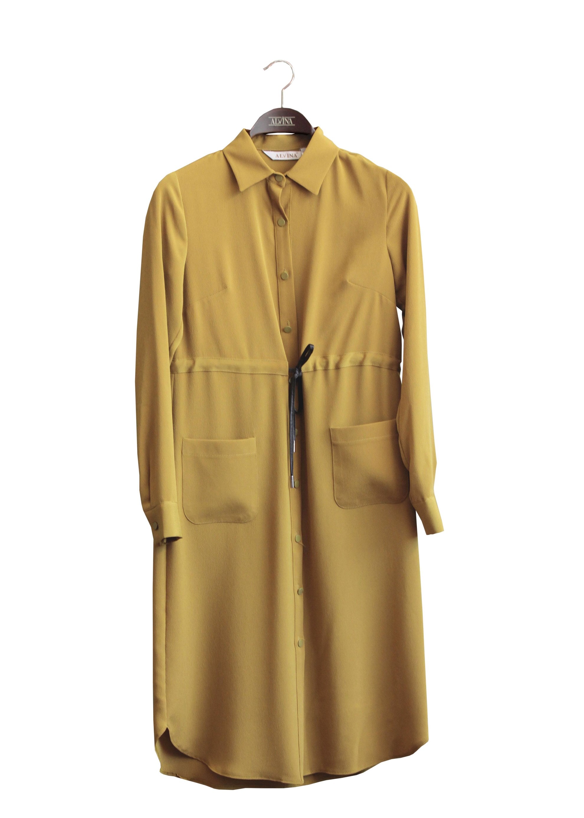 Tesettür giyim YEŞİL BELİ BÜZGÜLÜ BAĞCIKLI TUNİK 4736