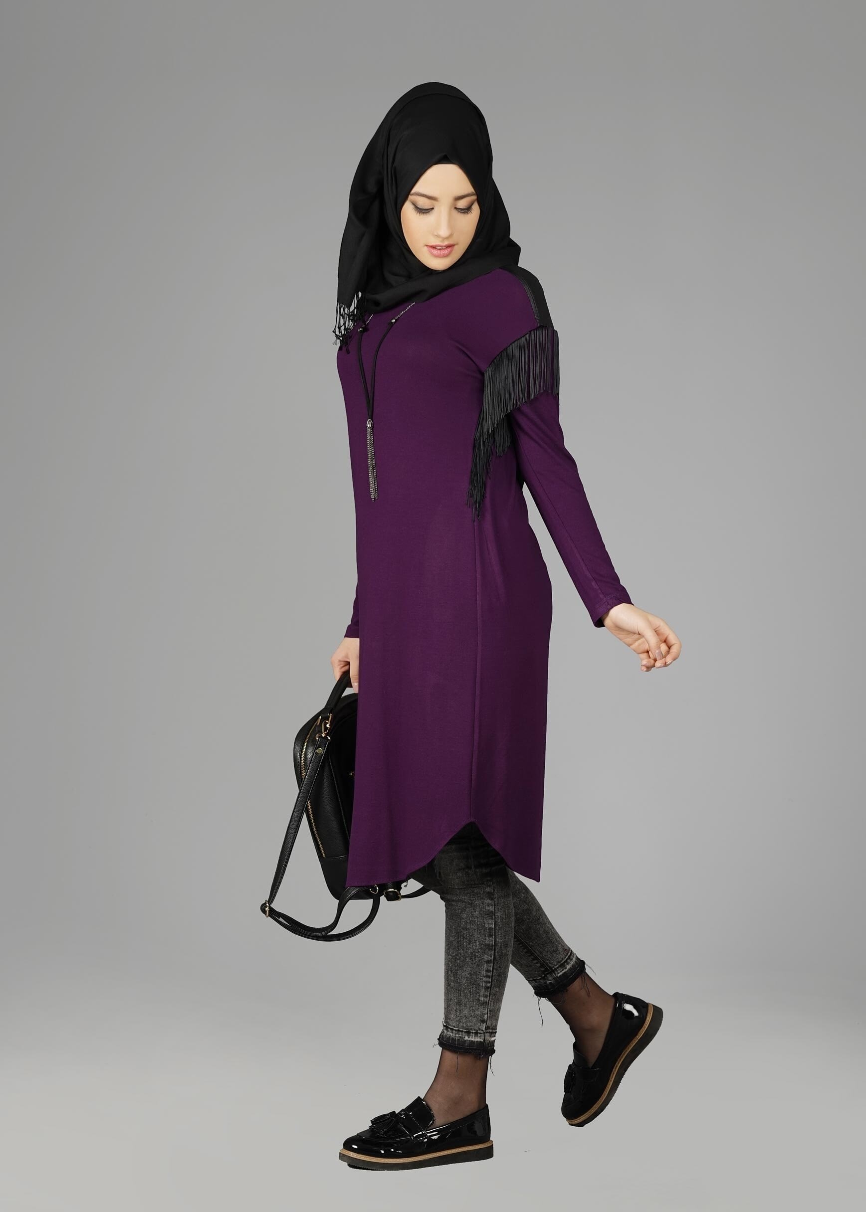 Tesettür giyim MOR KOLLARI SAÇAKLI TUNİK 4744