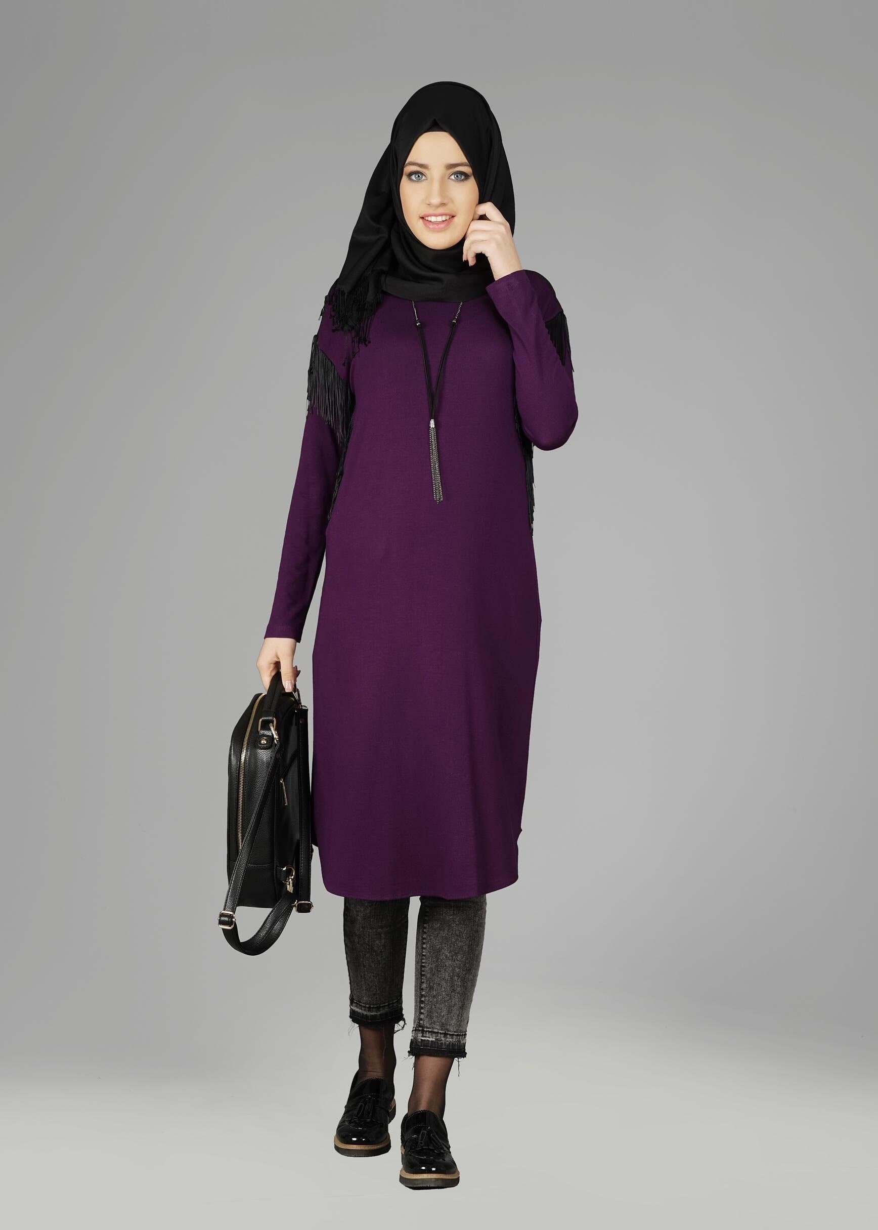 Tesettür giyim MOR KOLLARI SAÇAKLI TUNİK 4744