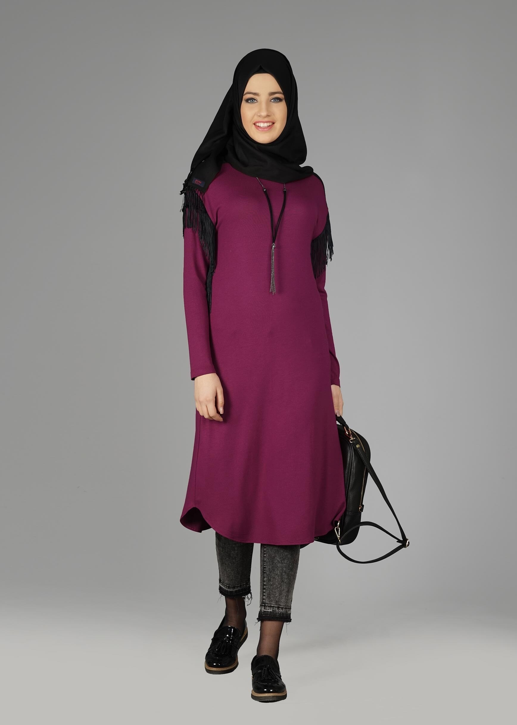 Tesettür giyim MOR KOLLARI SAÇAKLI TUNİK 4744