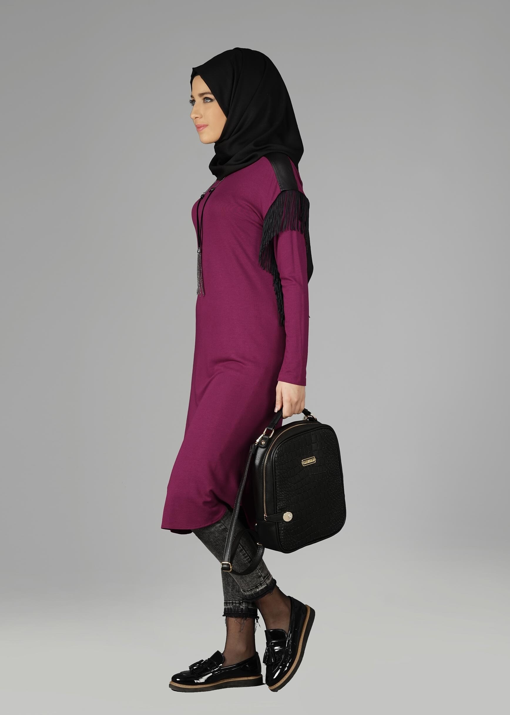 Tesettür giyim MOR KOLLARI SAÇAKLI TUNİK 4744