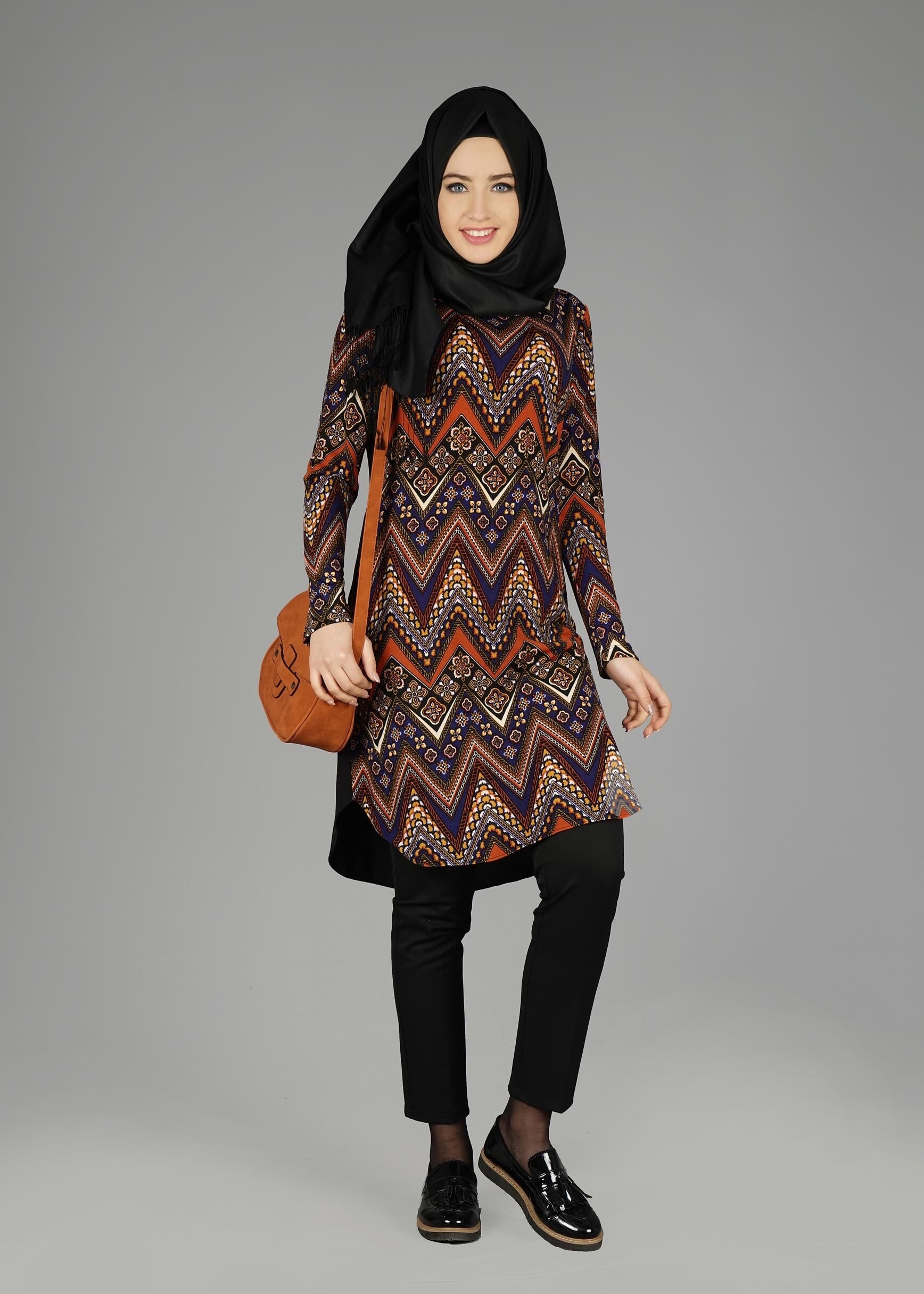 Tesettür giyim TURUNCU ETNİK DESENLİ TUNİK 4772