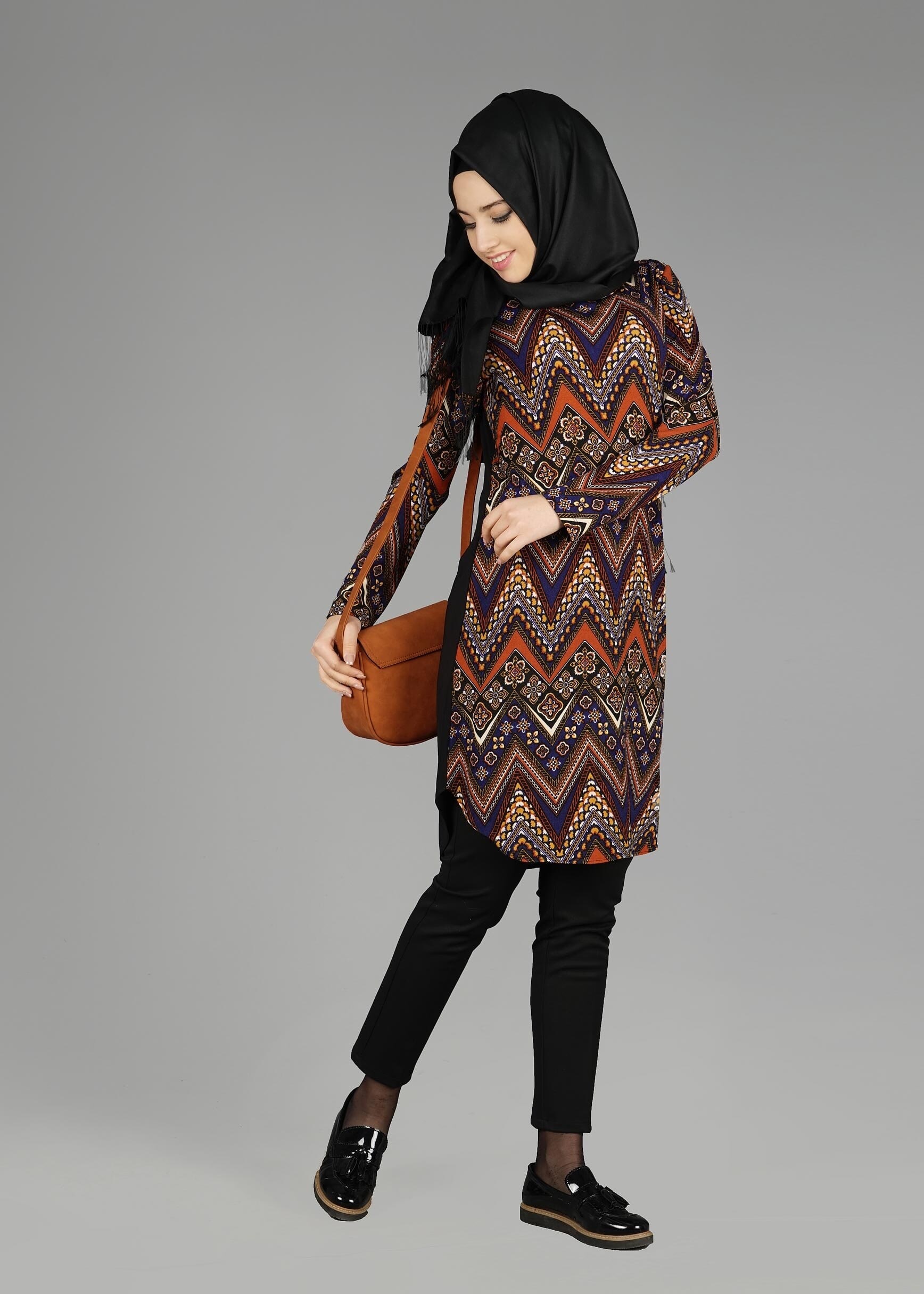 Tesettür giyim TURUNCU ETNİK DESENLİ TUNİK 4772