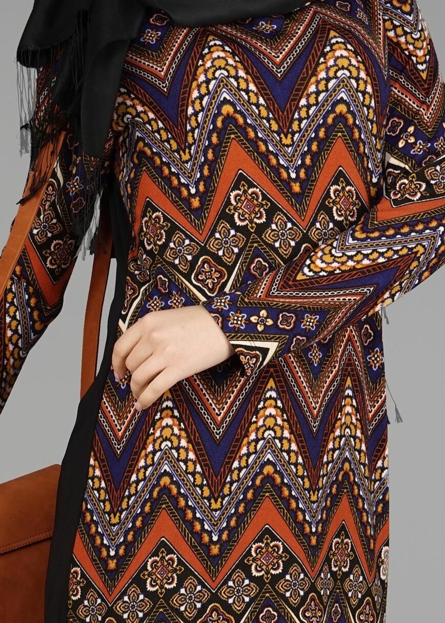 Tesettür giyim TURUNCU ETNİK DESENLİ TUNİK 4772