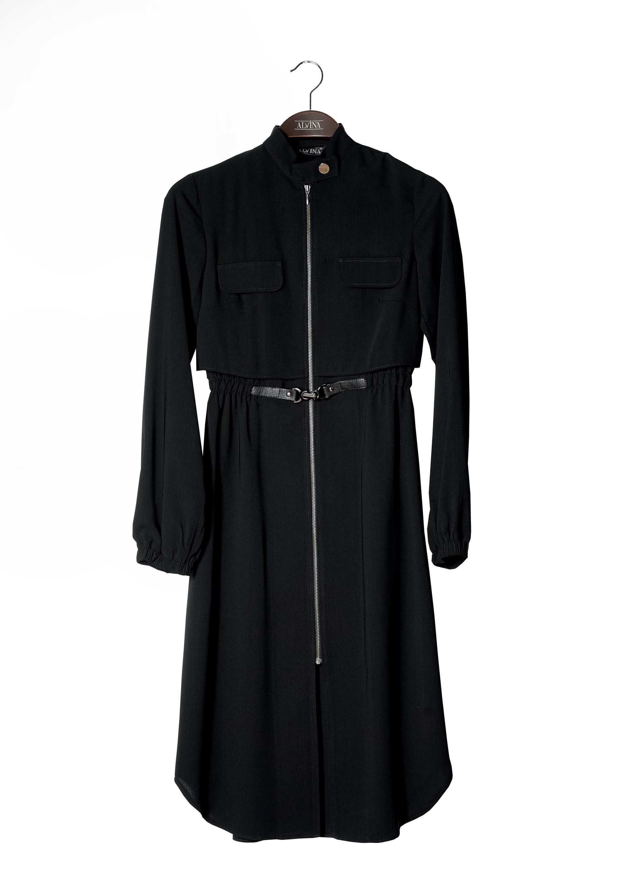 Tesettür giyim SİYAH BELİ BÜZGÜLÜ FERMUARLI TUNİK 4777