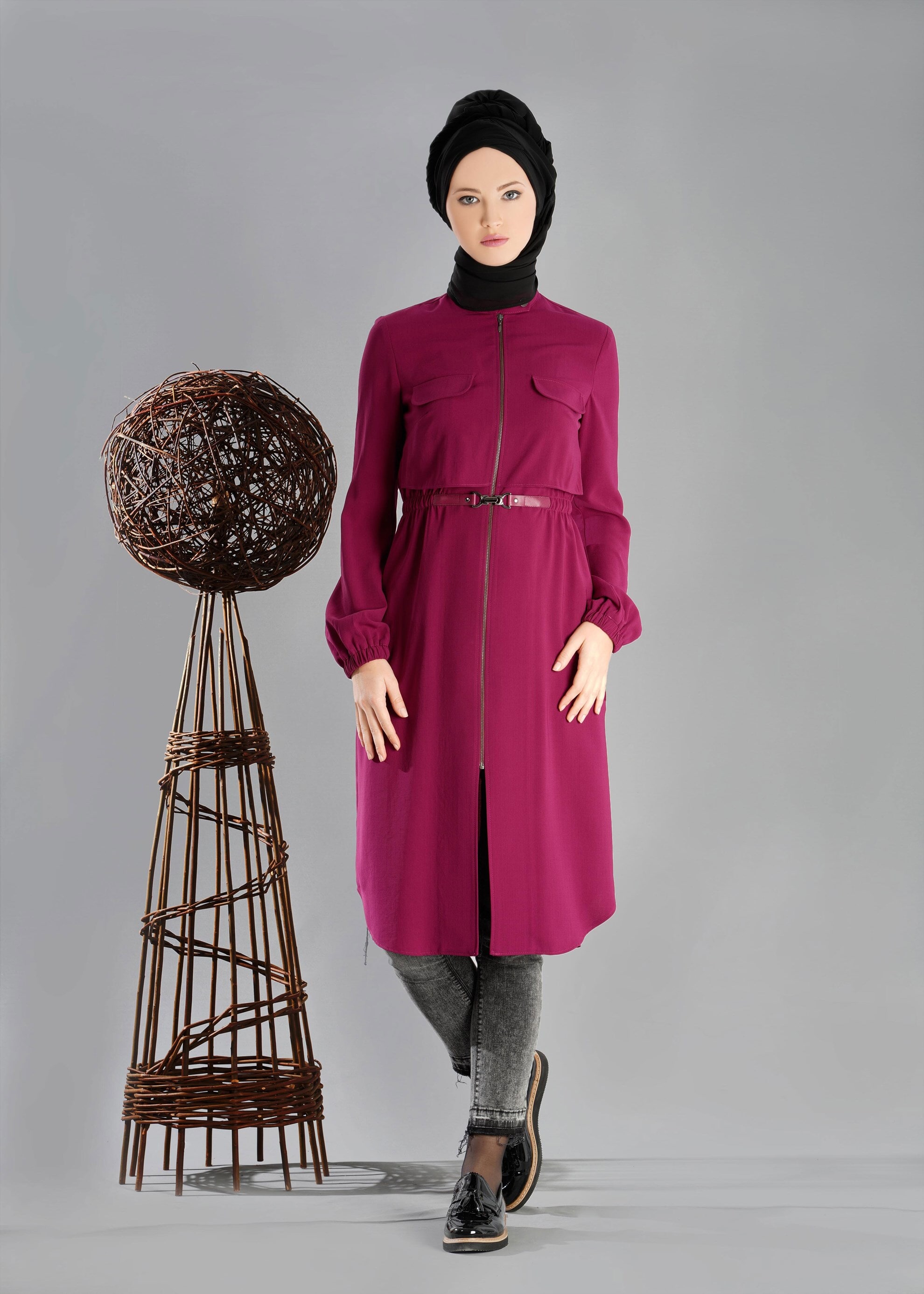 Tesettür giyim MOR BELİ BÜZGÜLÜ FERMUARLI TUNİK 4777