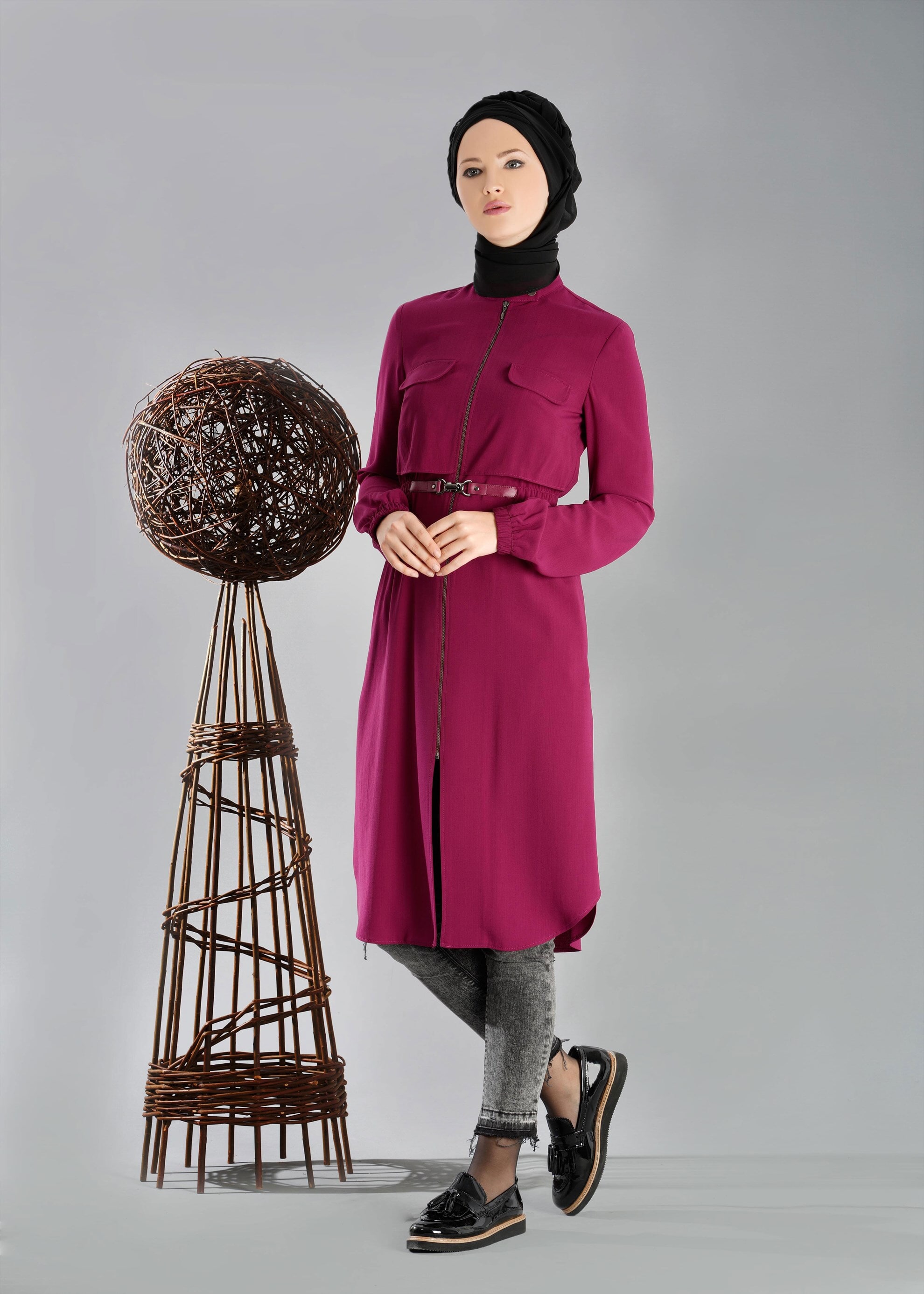 Tesettür giyim MOR BELİ BÜZGÜLÜ FERMUARLI TUNİK 4777
