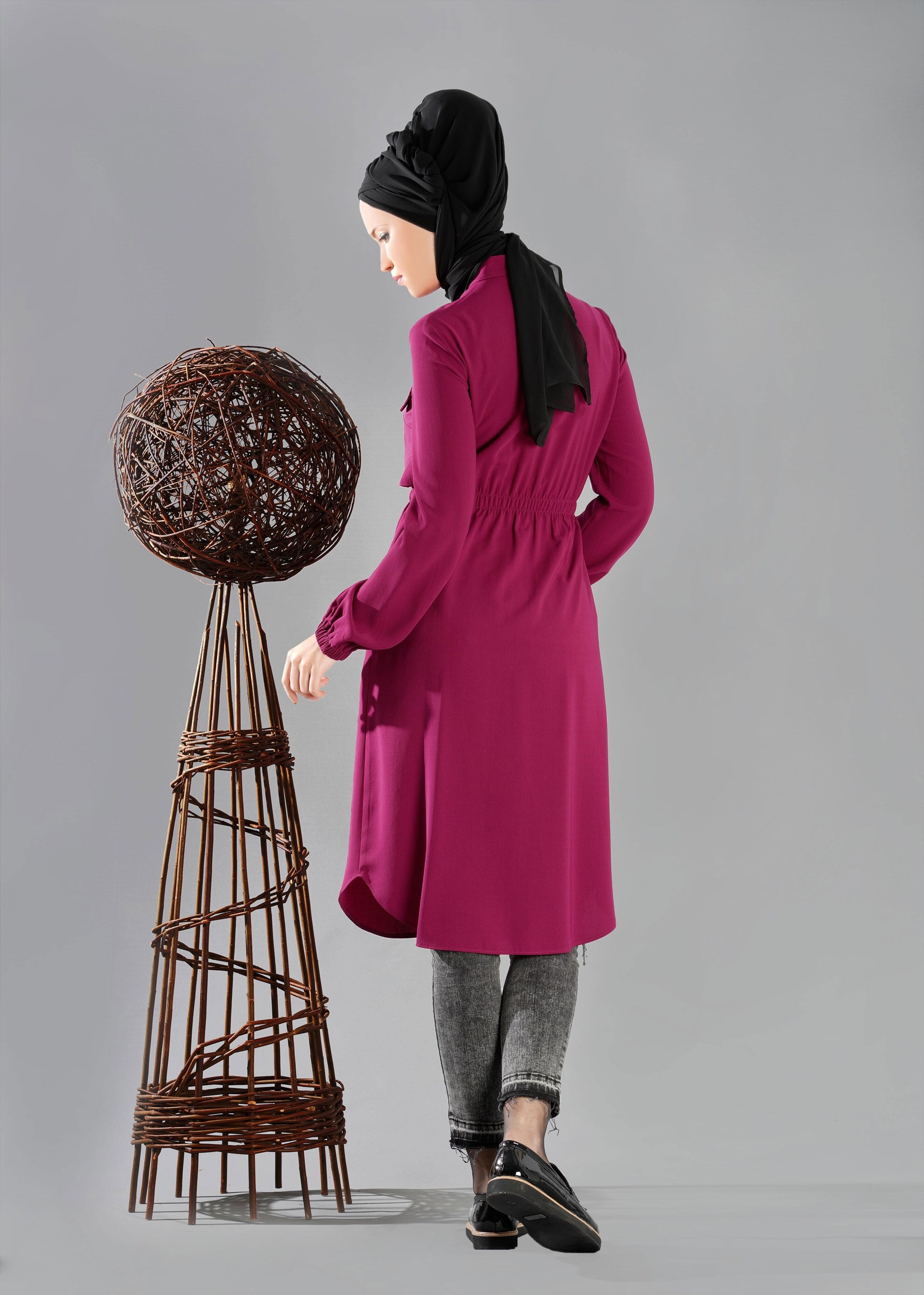 Tesettür giyim MOR BELİ BÜZGÜLÜ FERMUARLI TUNİK 4777