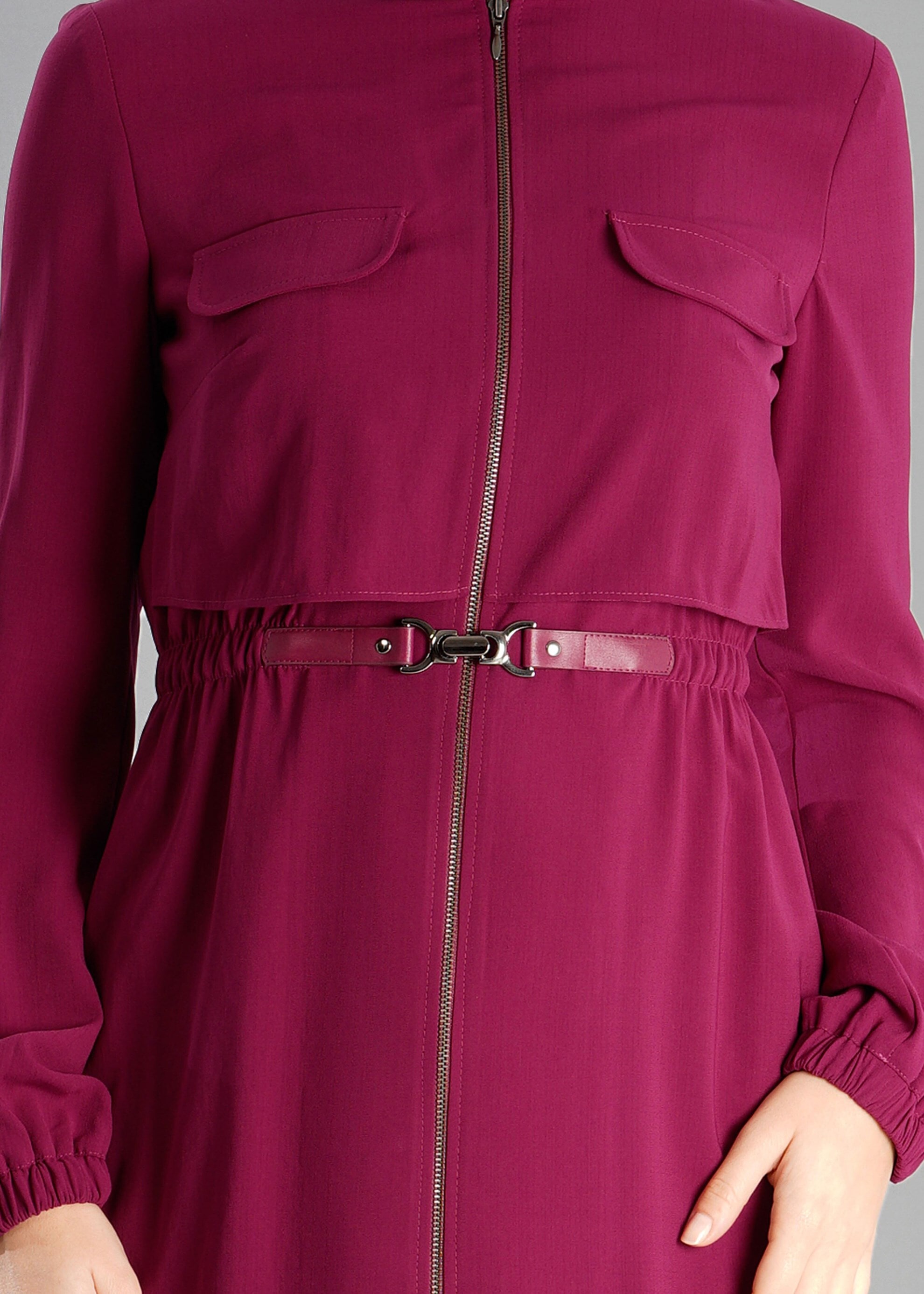 Tesettür giyim MOR BELİ BÜZGÜLÜ FERMUARLI TUNİK 4777