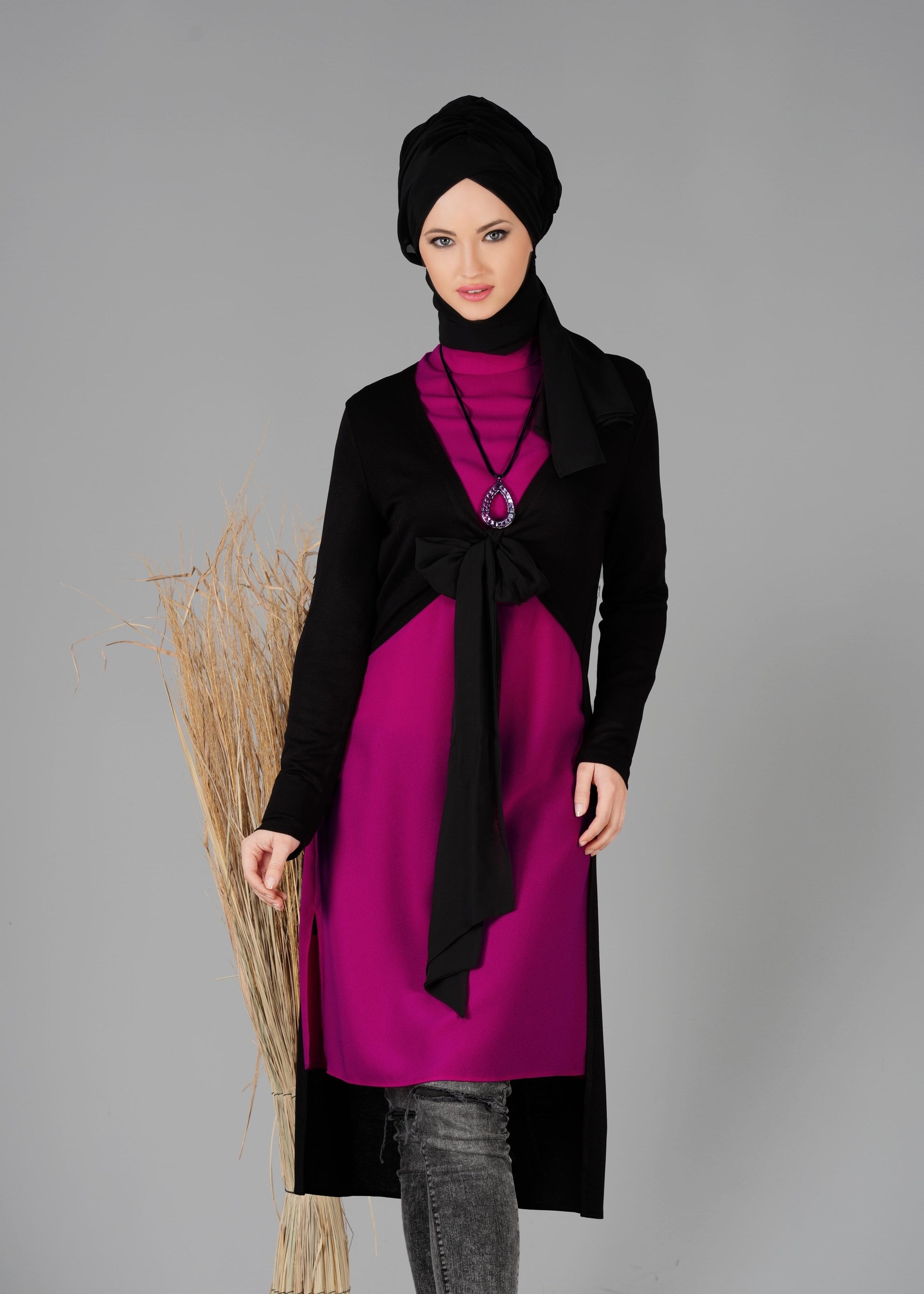 Tesettür giyim MOR BELDEN BAĞLAMALI 2&prime;li TUNİK 4778