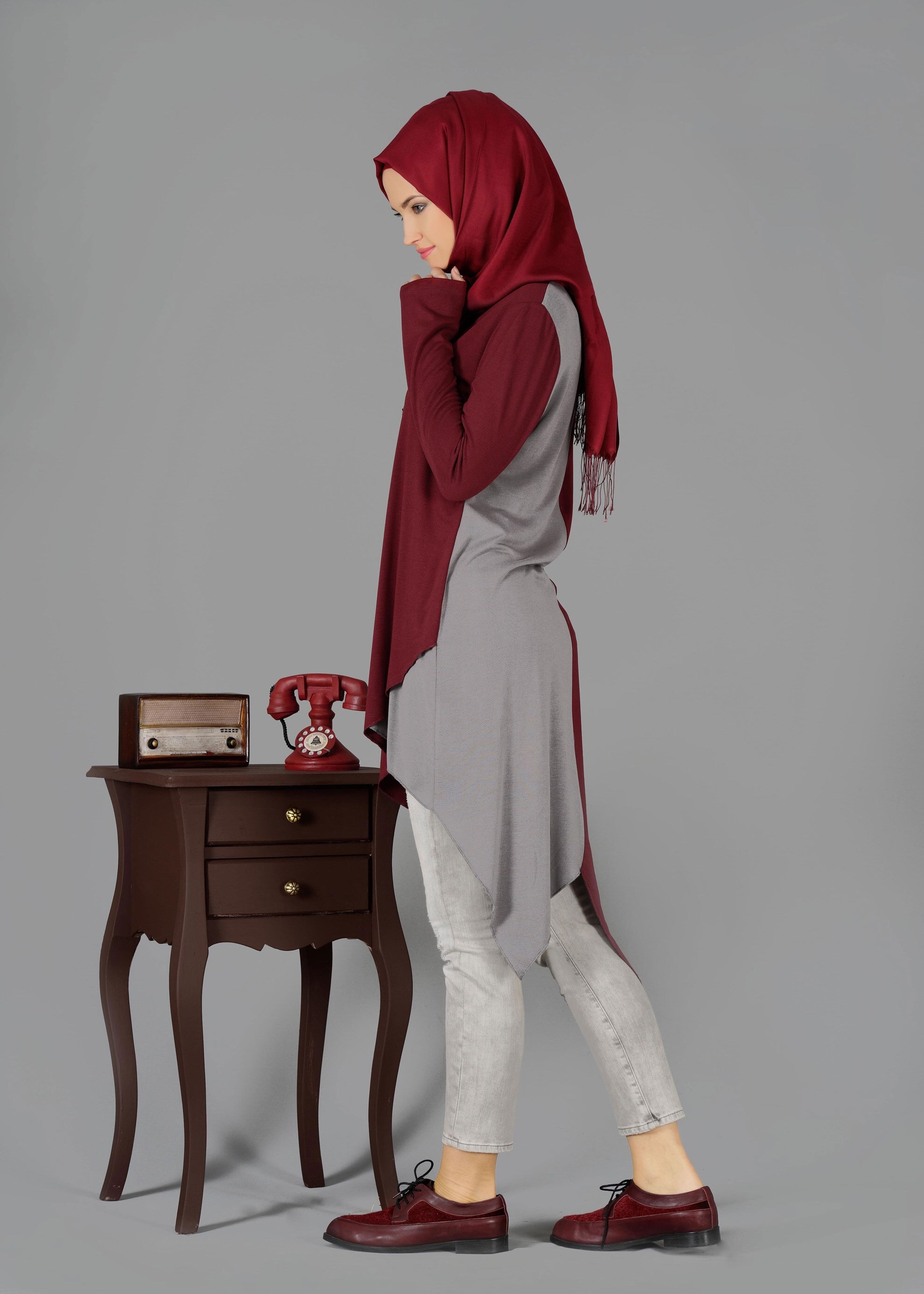Tesettür giyim BORDO ASİMETRİK KESİM TUNİK 4844