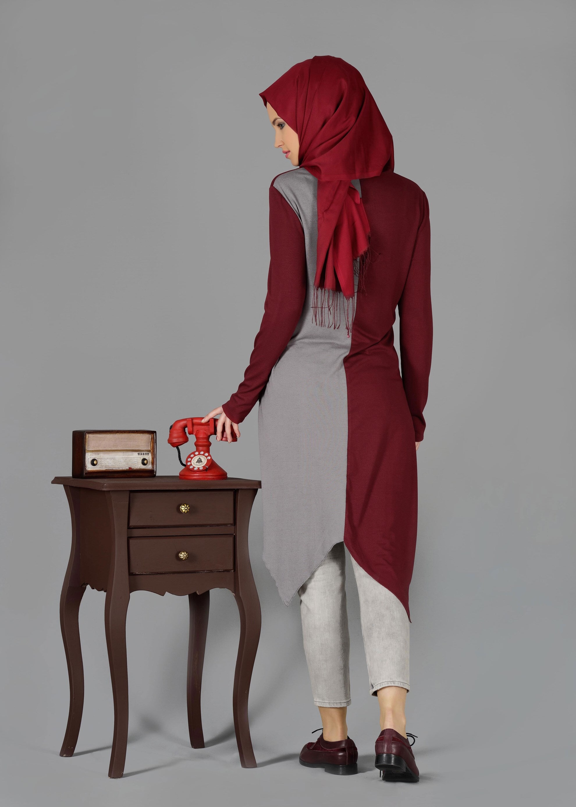 Tesettür giyim BORDO ASİMETRİK KESİM TUNİK 4844