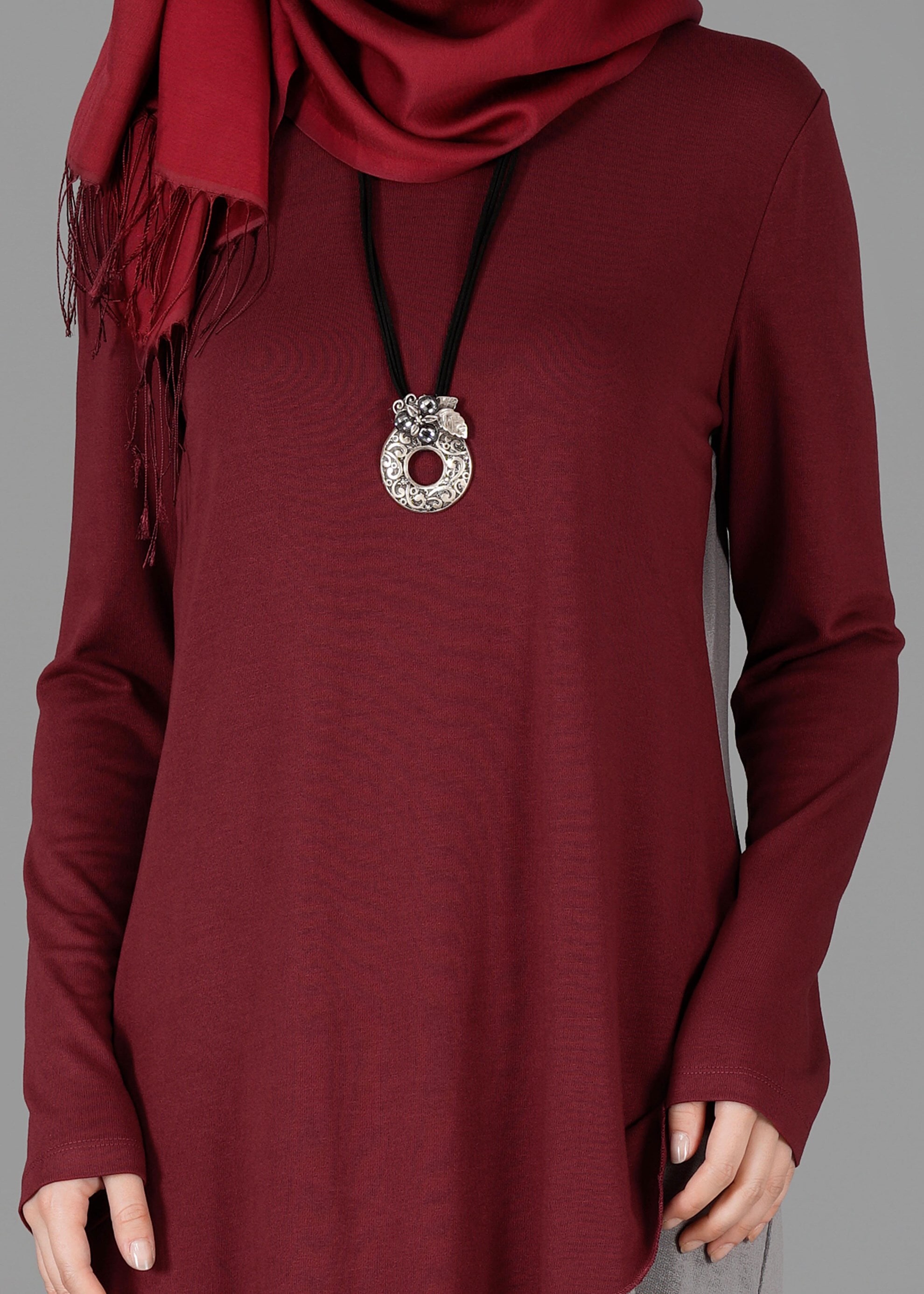 Tesettür giyim BORDO ASİMETRİK KESİM TUNİK 4844